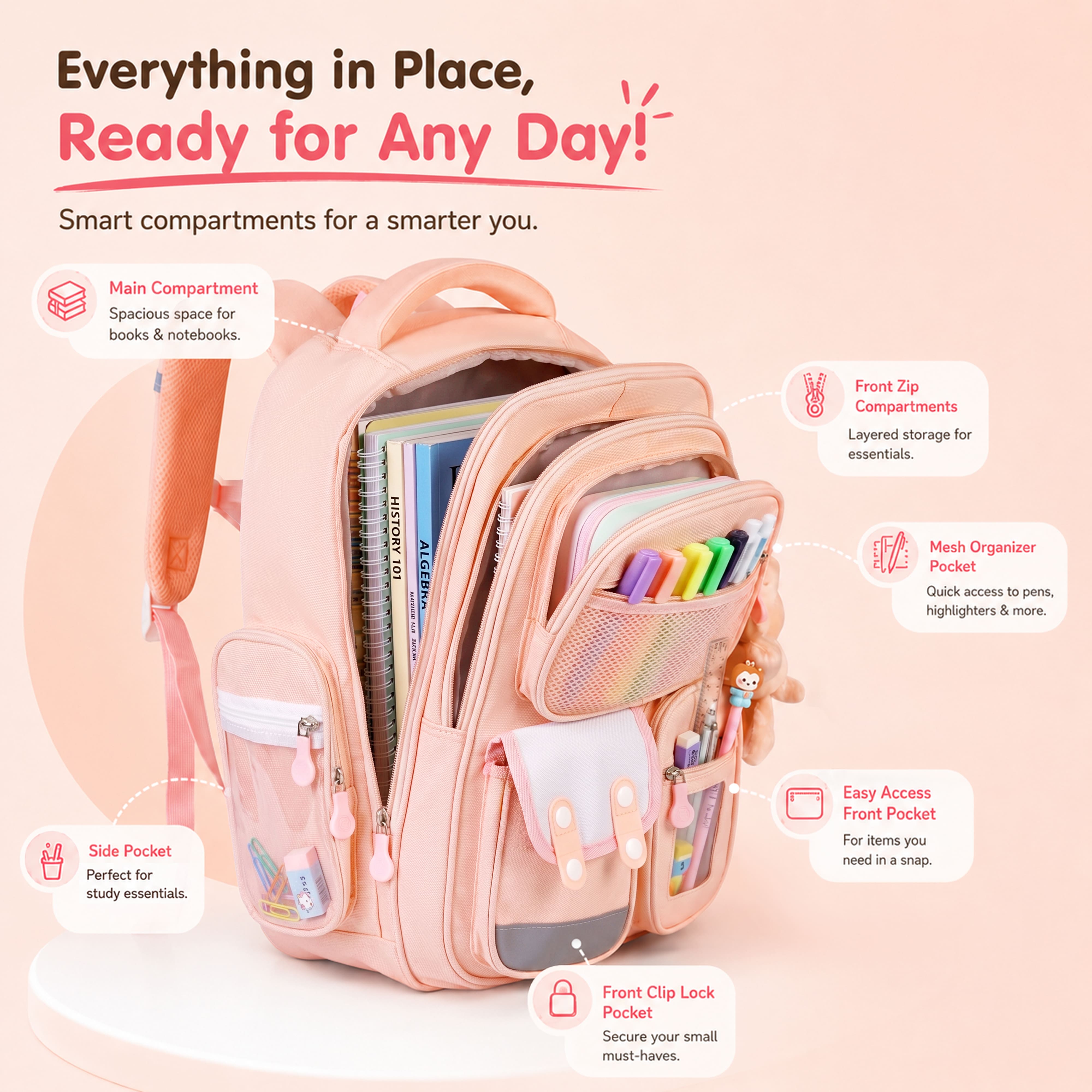 Buy MyneeMoe Brainy Bundle Elite Kids Backpack – Durable, Stylish & Spacious School Bag (Pink) - School Bag at MyneeMoe Online In India