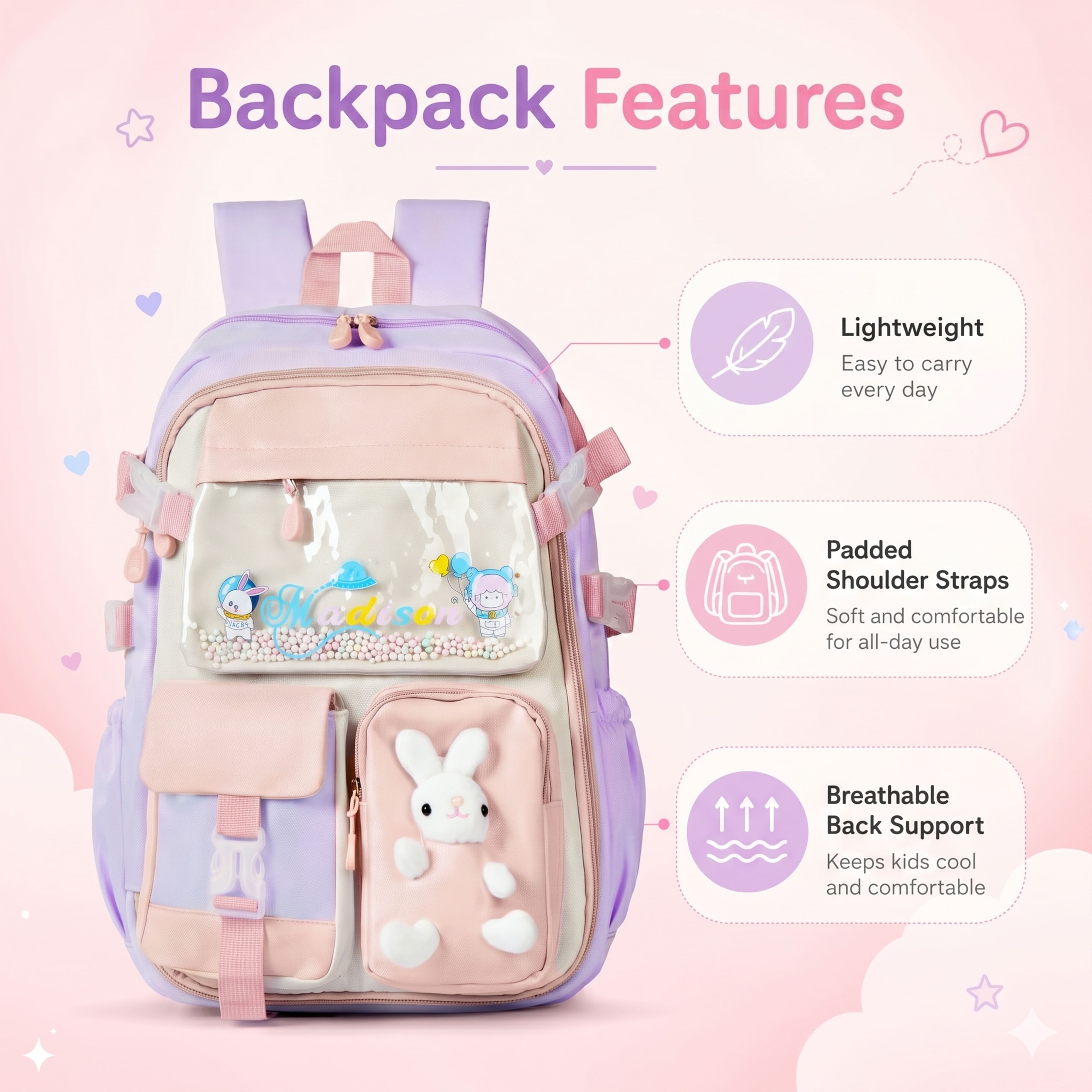 Buy MyneeMoe Soft Pastel Bunny Girls Backpack – Durable, Stylish & Spacious School Bag (Purple) - School Bag at MyneeMoe Online In India