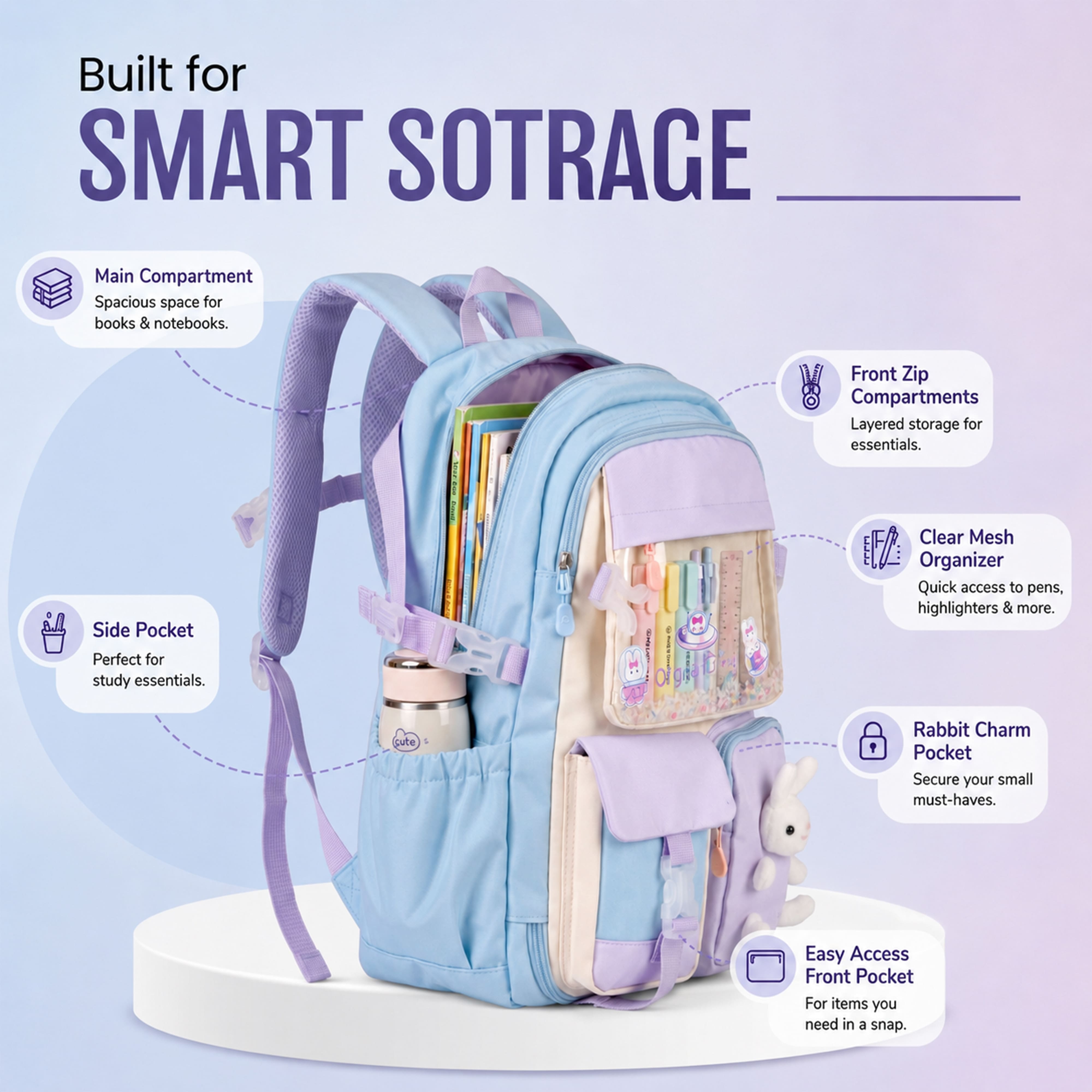 Buy MyneeMoe Soft Pastel Bunny Girls Backpack – Durable, Stylish & Spacious School Bag (Age 7-11Y) - School Bag at MyneeMoe Online In India