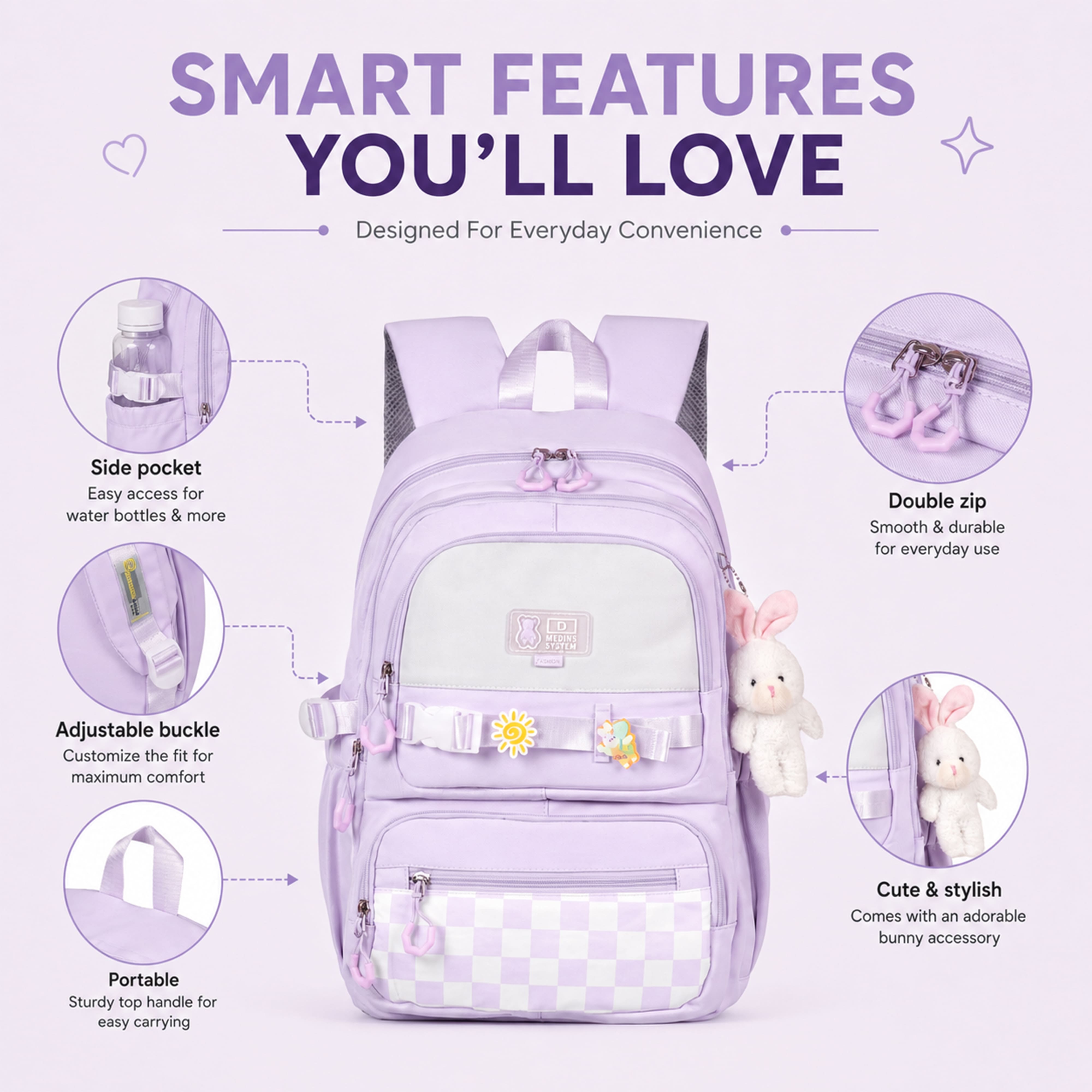 Buy MyneeMoe Sweet Pastel Girls Backpack – Durable, Stylish & Spacious School Bag (Purple) - School Bag at MyneeMoe Online In India