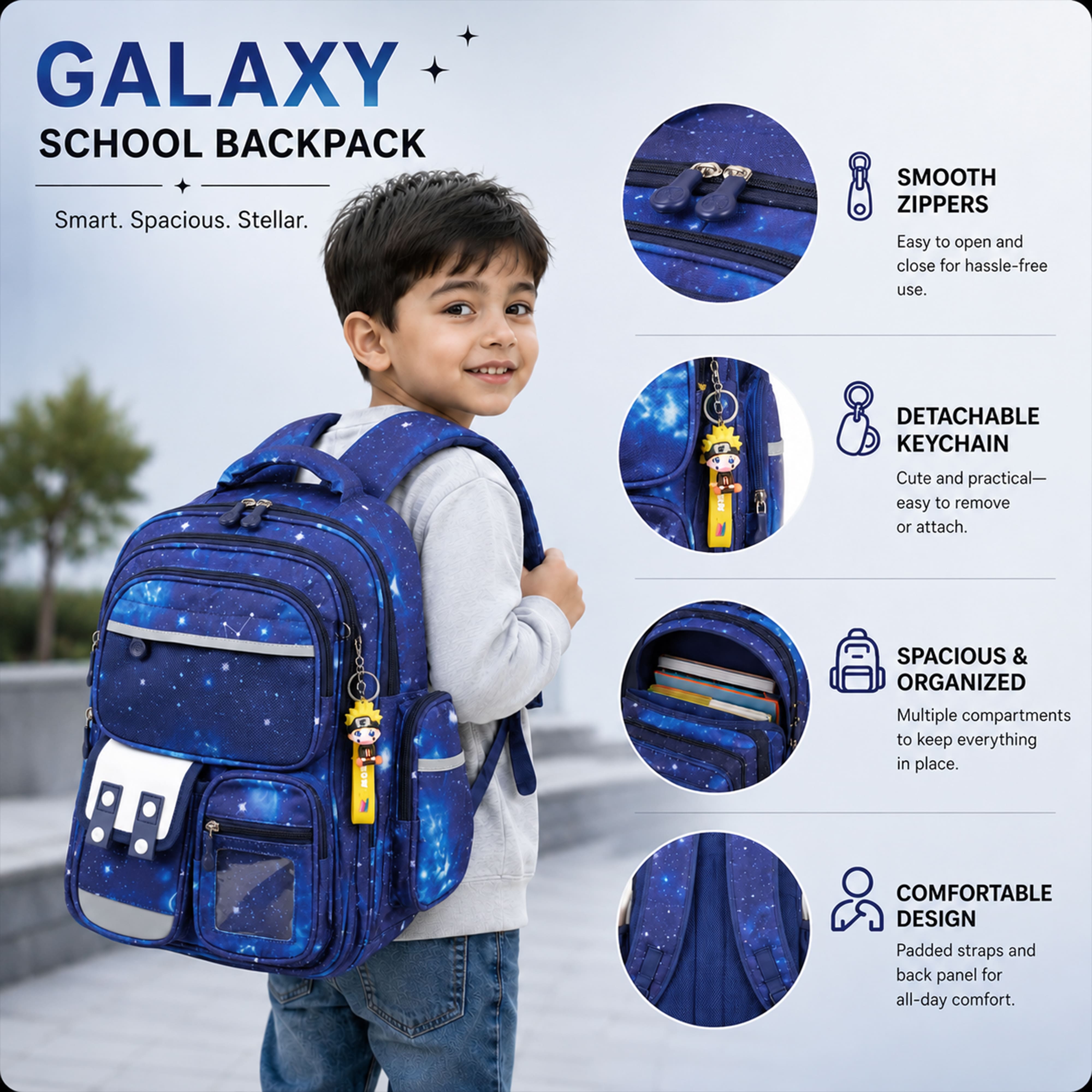 Brainy Bundle Galaxy Kids Backpack – Durable, Stylish & Spacious School Bag (Blue)