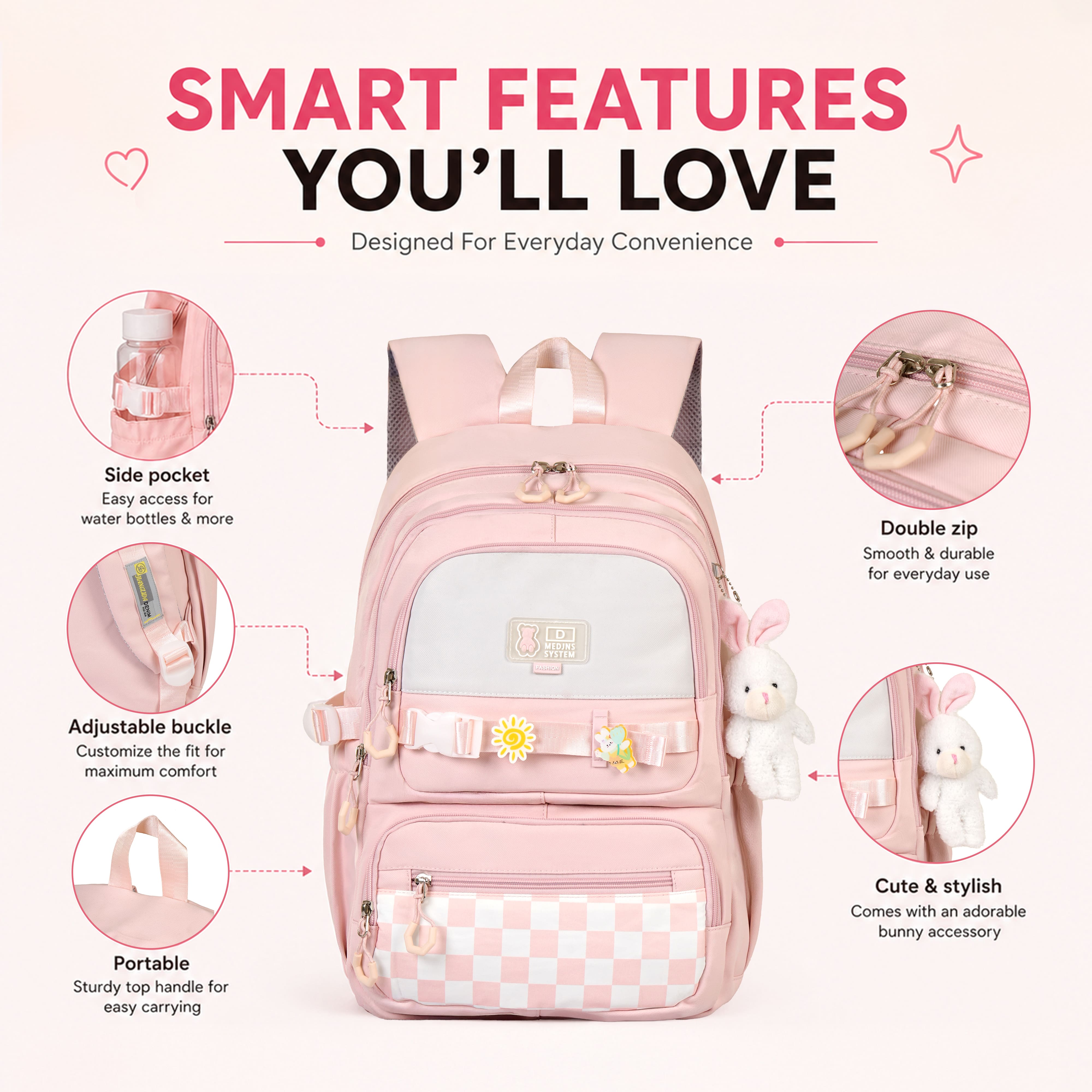 Buy MyneeMoe Sweet Pastel Girls Backpack – Durable, Stylish & Spacious School Bag (Pink) - School Bag at MyneeMoe Online In India