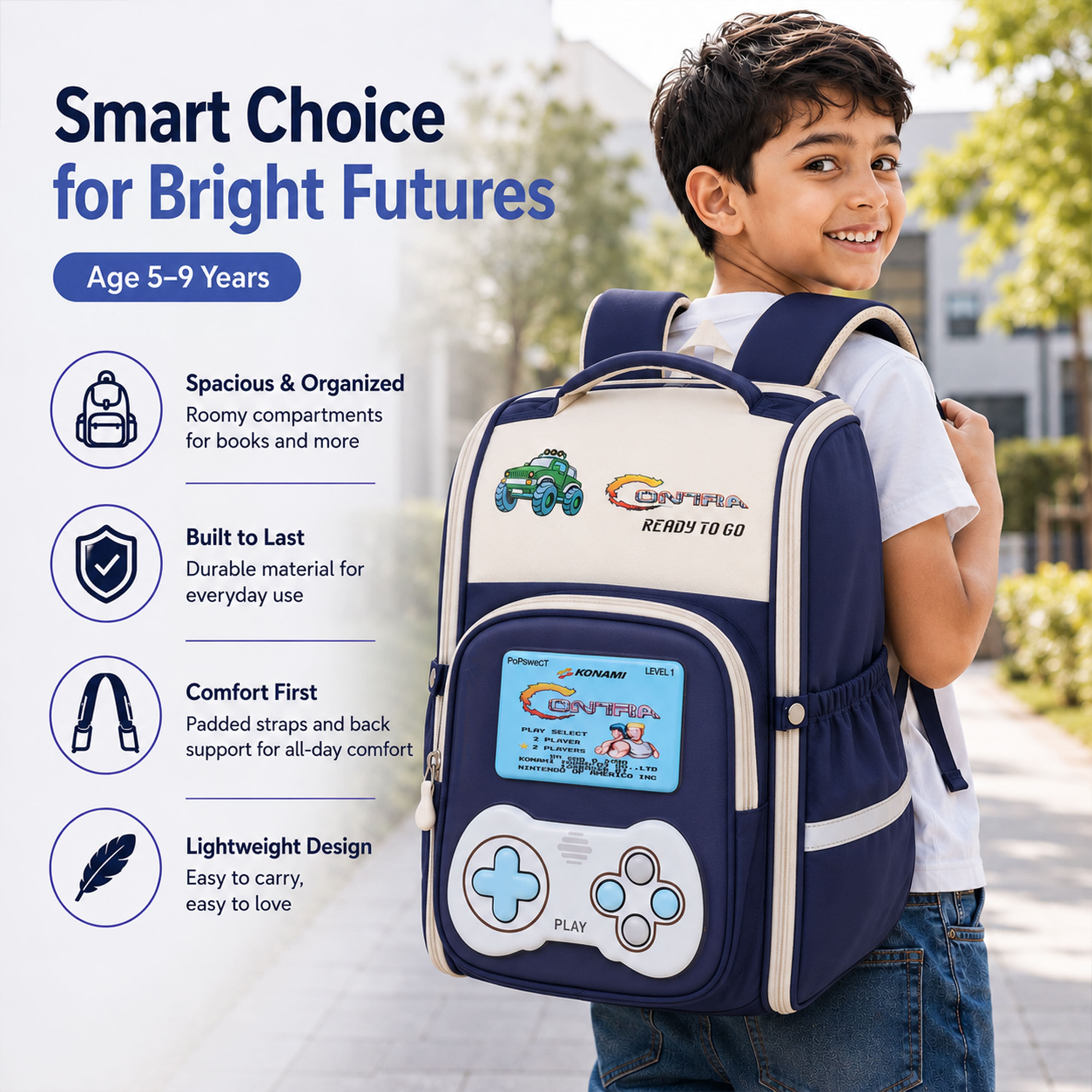 Play Box Kids School Backpack – Durable, Stylish & Spacious School Bag (Blue & Grey)