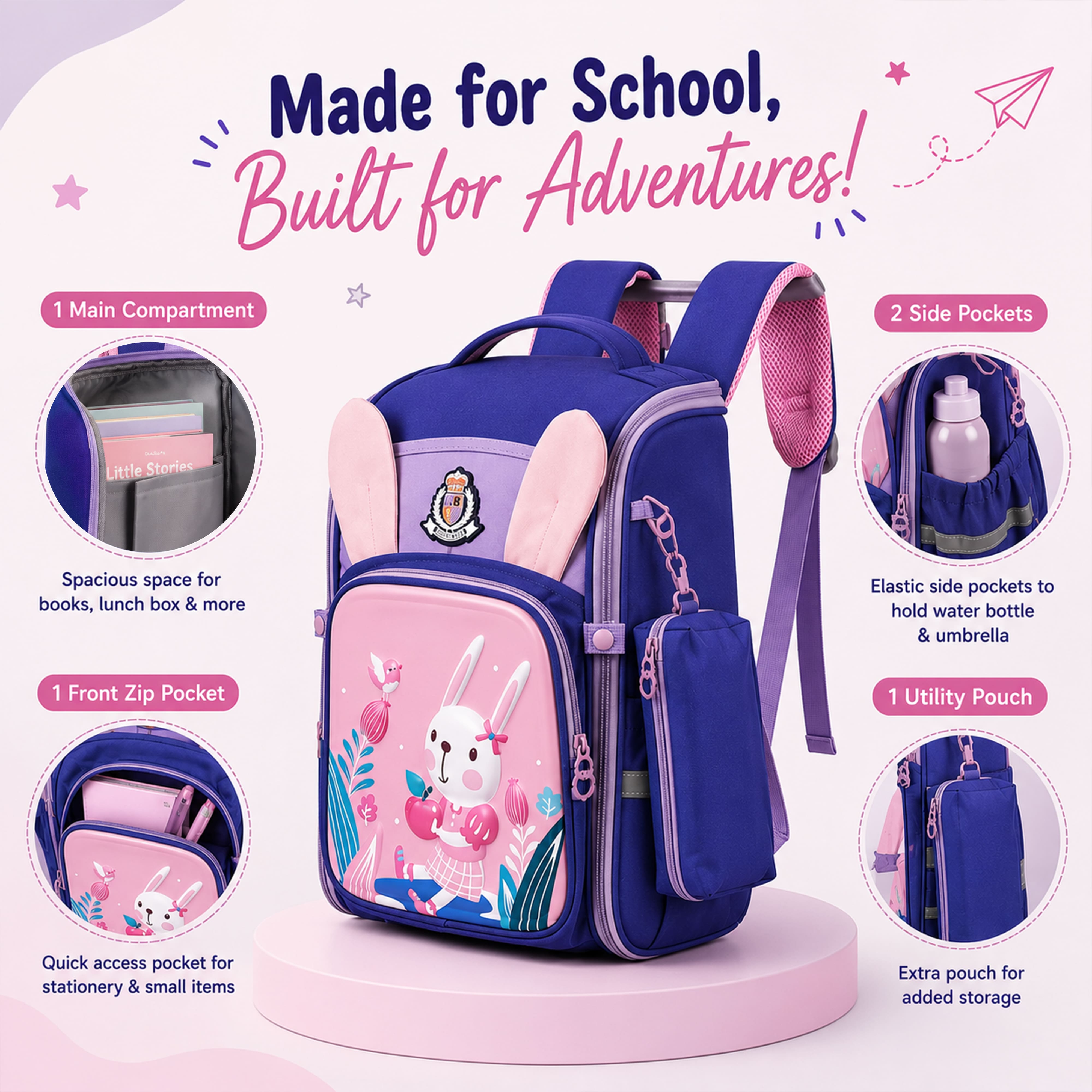 Young Minds Kids Backpack – Durable, Stylish & Spacious School Bag (Dark Purple)
