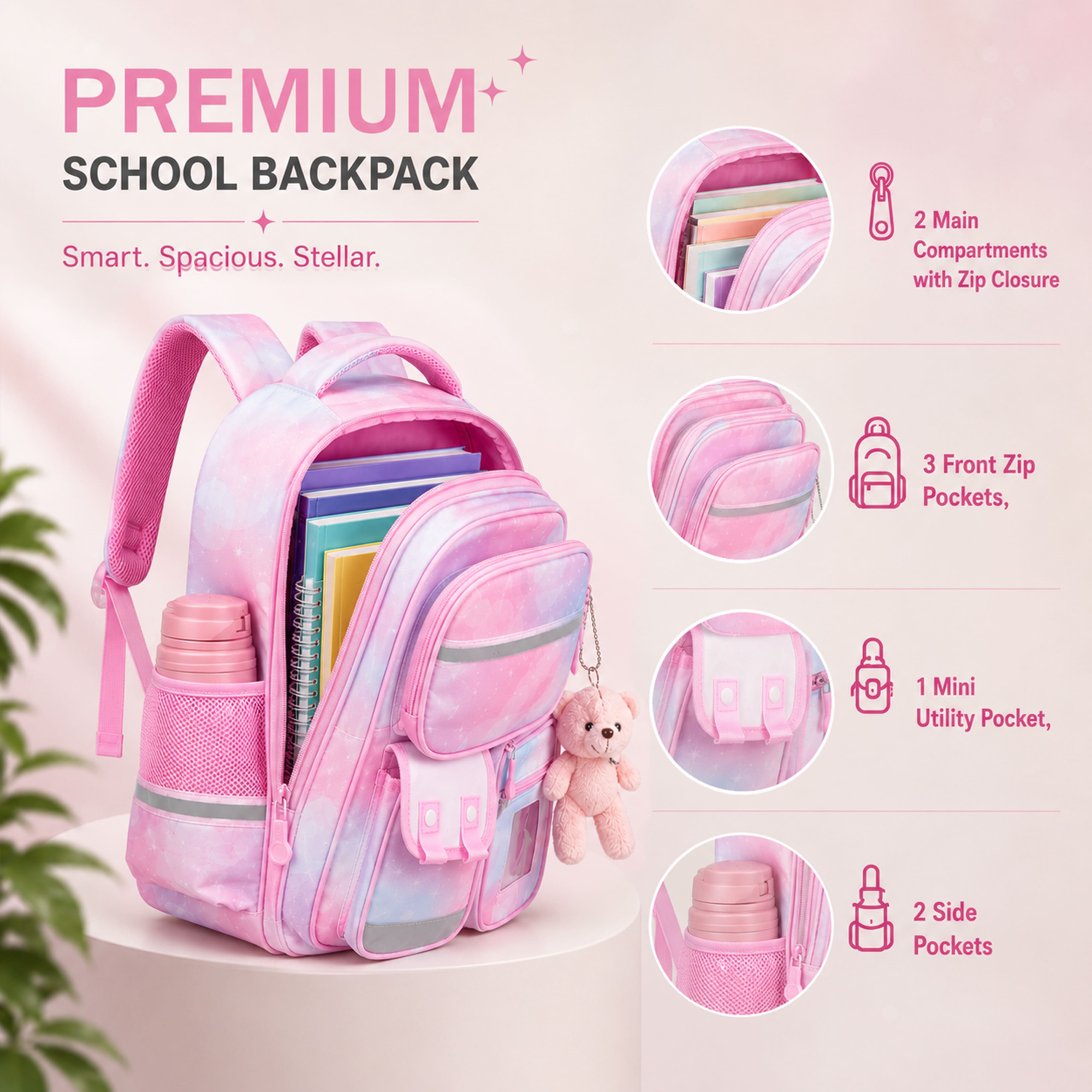 Brainy Bundle Galaxy Kids Backpack – Durable, Stylish & Spacious School Bag (Pink)