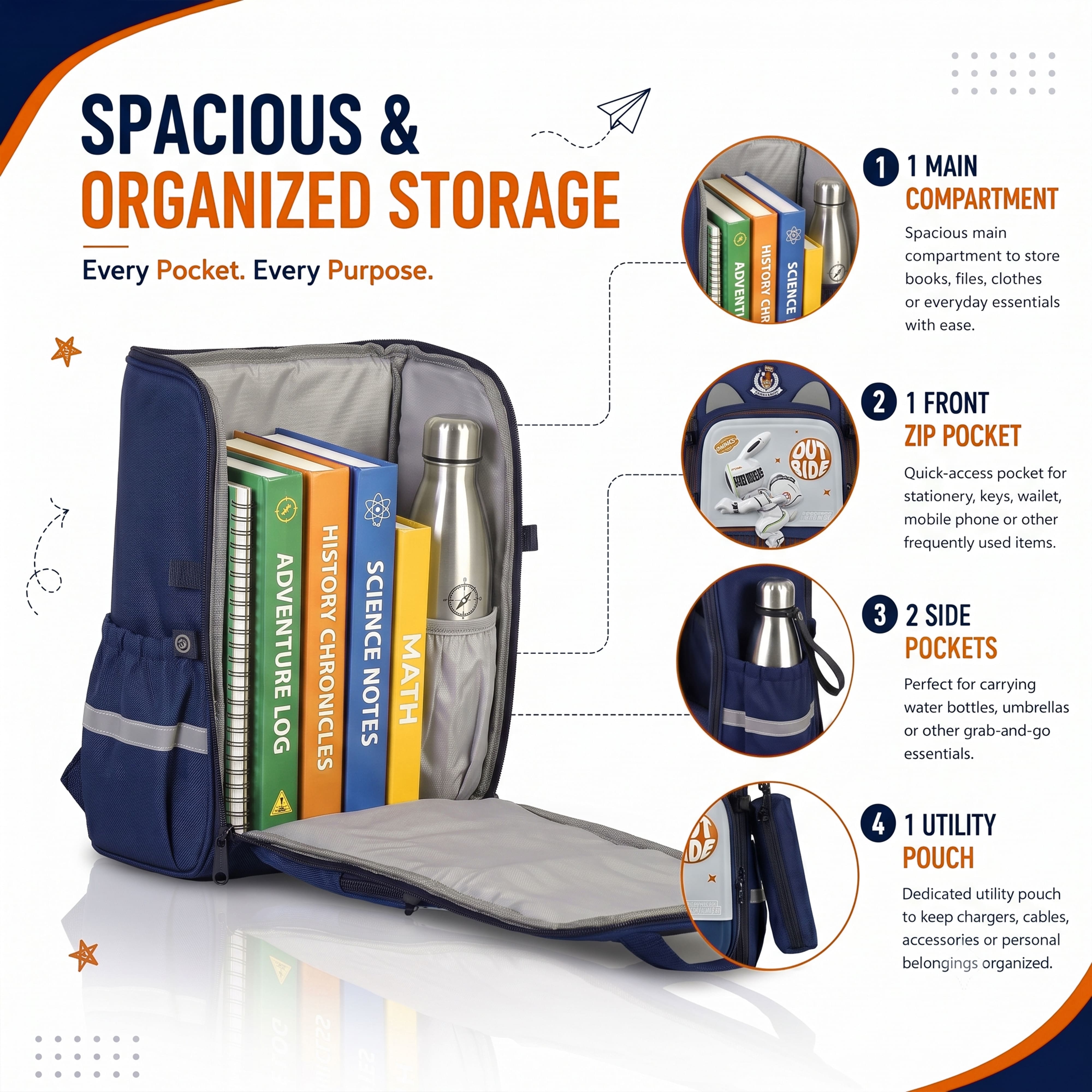 Young Minds Kids Backpack – Durable, Stylish & Spacious School Bag (Blue & Orange)