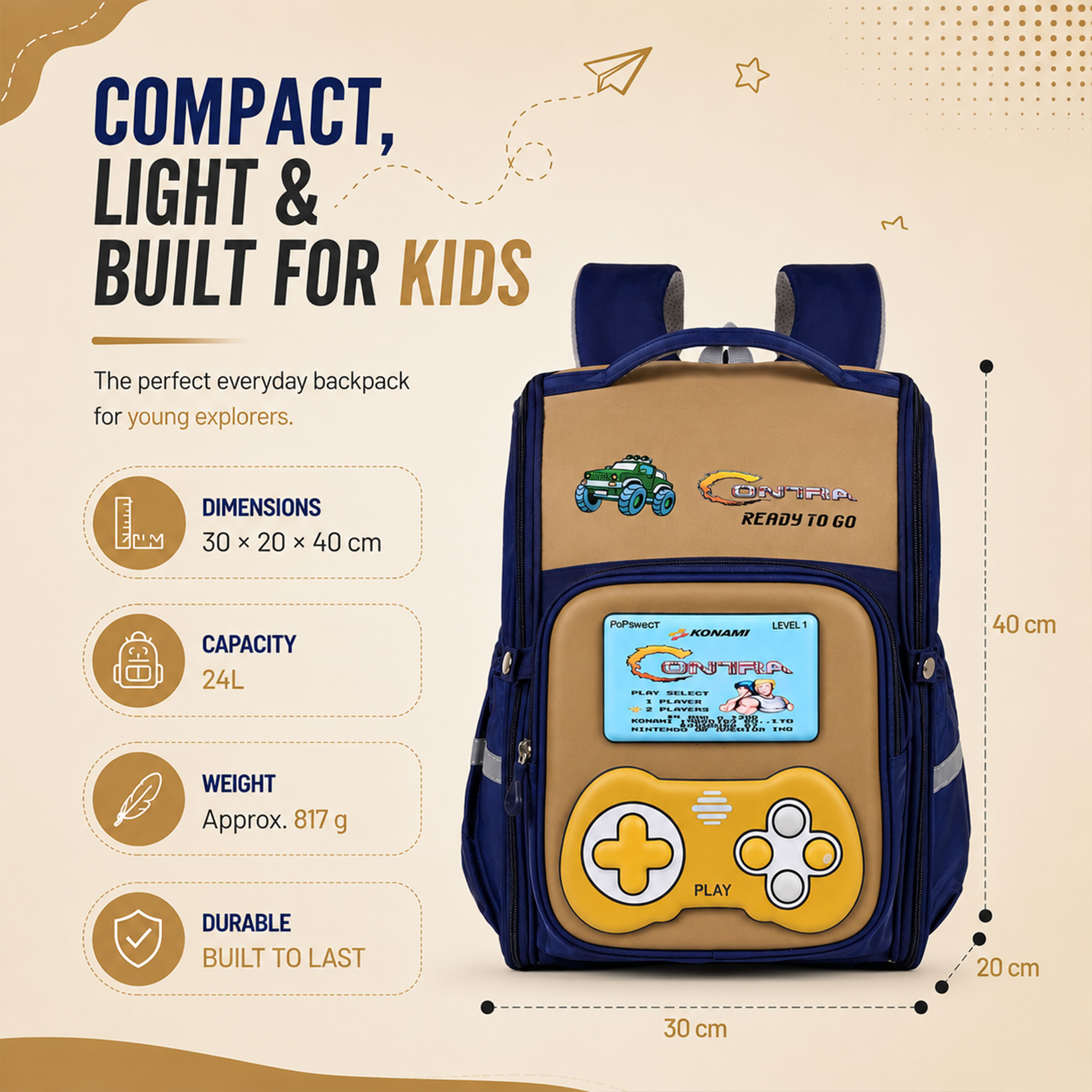 Play Box Kids School Backpack – Durable, Stylish & Spacious School Bag (Blue & Brown)