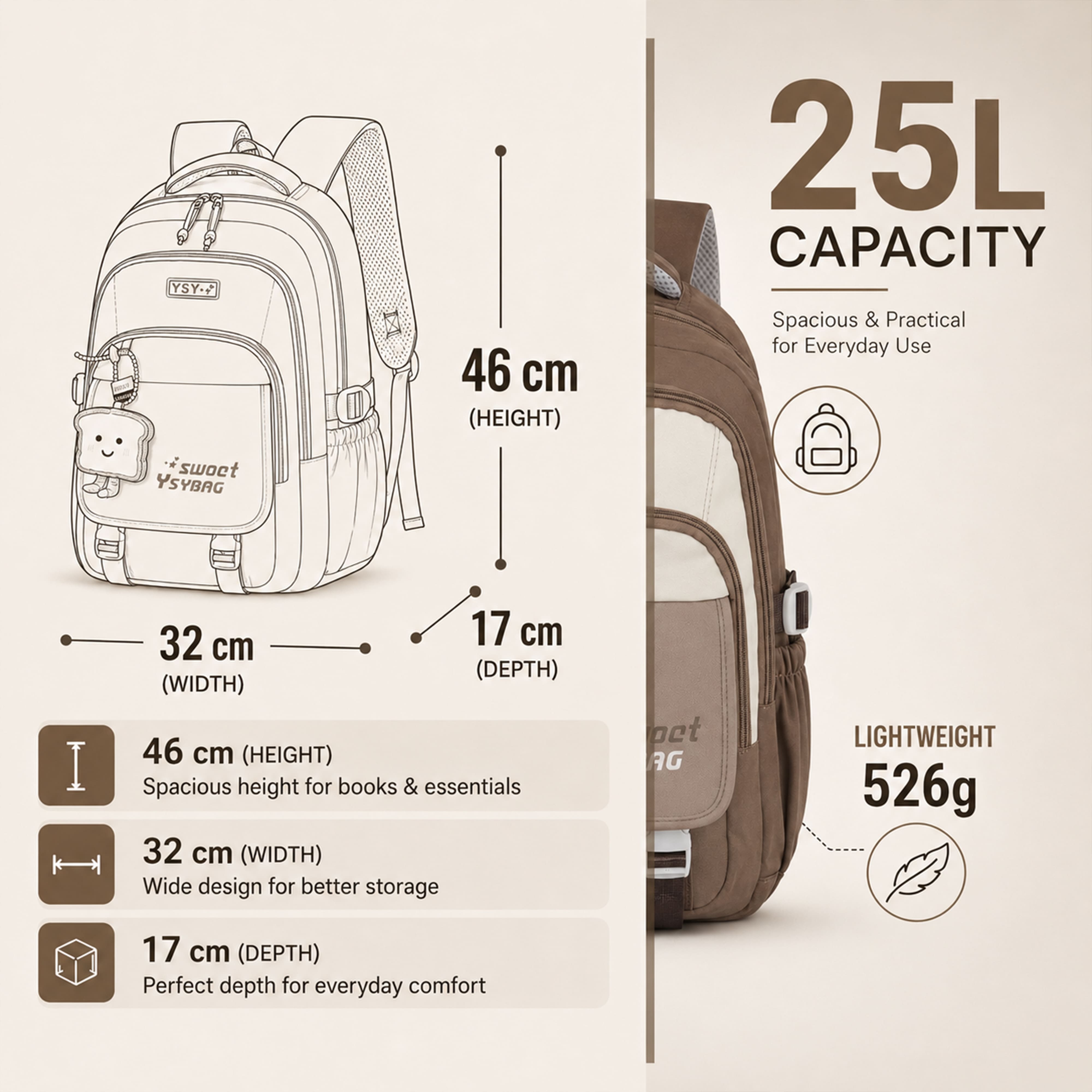 Buy MyneeMoe Sweet Dreams Kids Backpack – Durable, Stylish & Spacious School Bag (Khaki) - School Bag at MyneeMoe Online In India