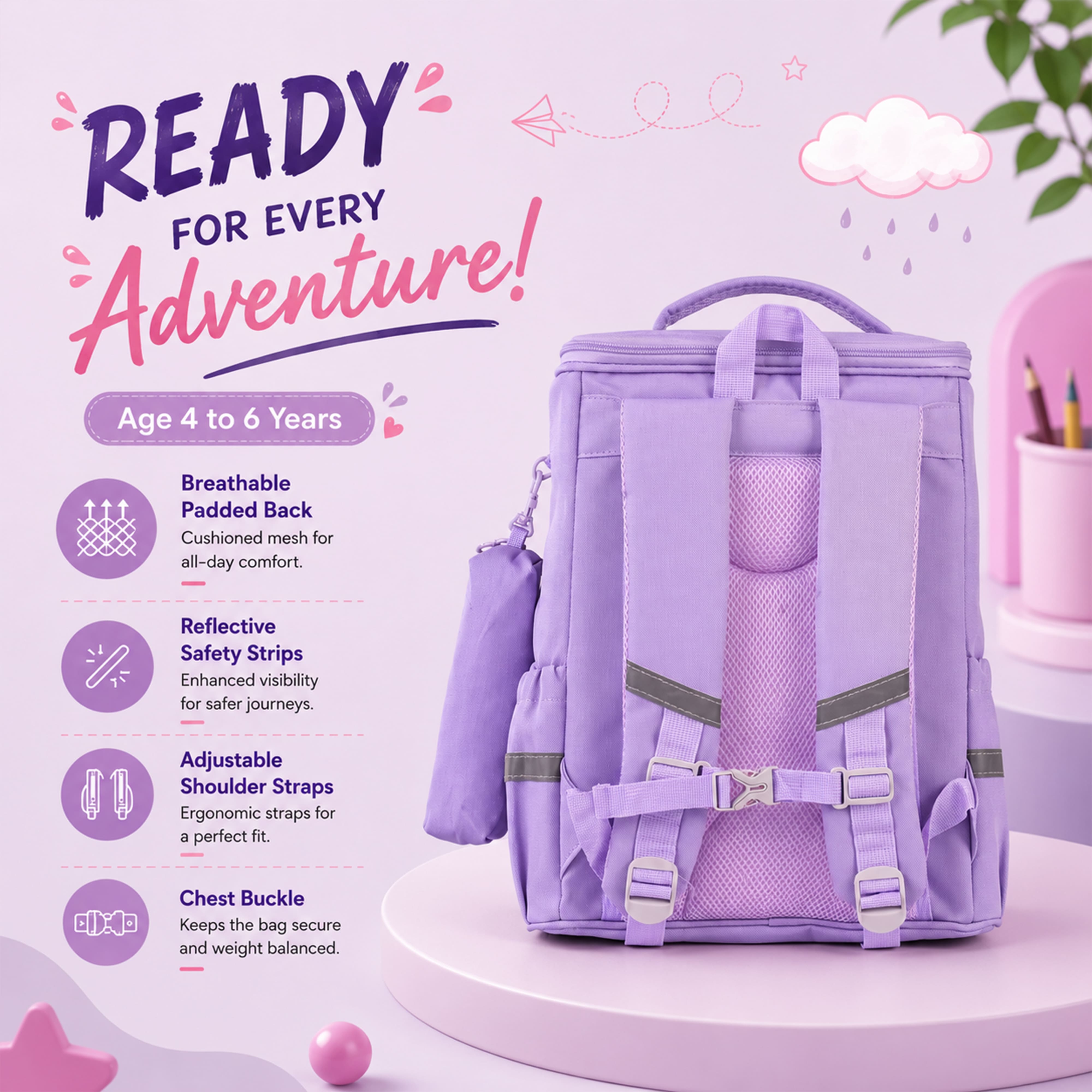 Young Minds Kids Backpack – Durable, Stylish & Spacious School Bag (Purple)