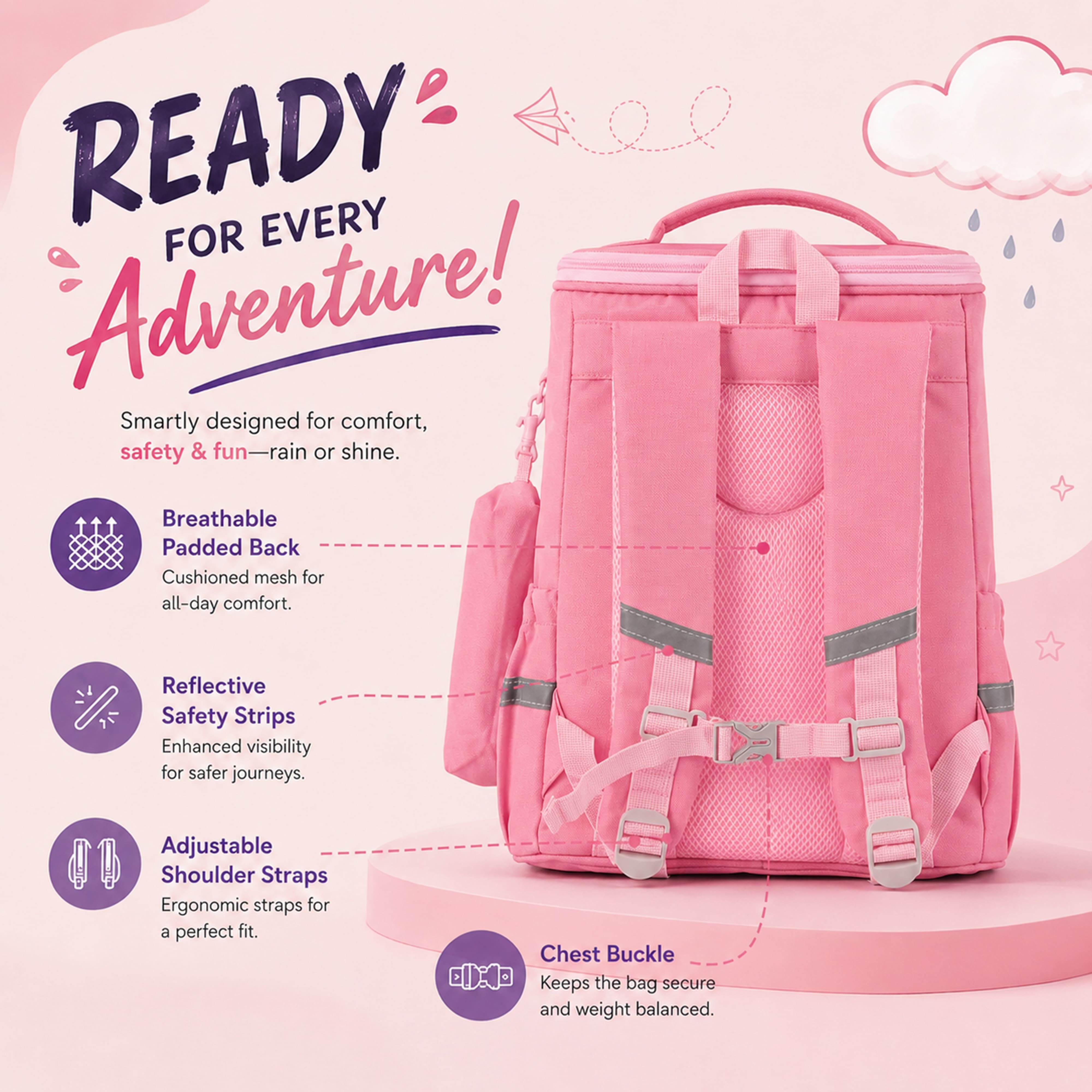 Young Minds Kids Backpack – Durable, Stylish & Spacious School Bag (Pink)
