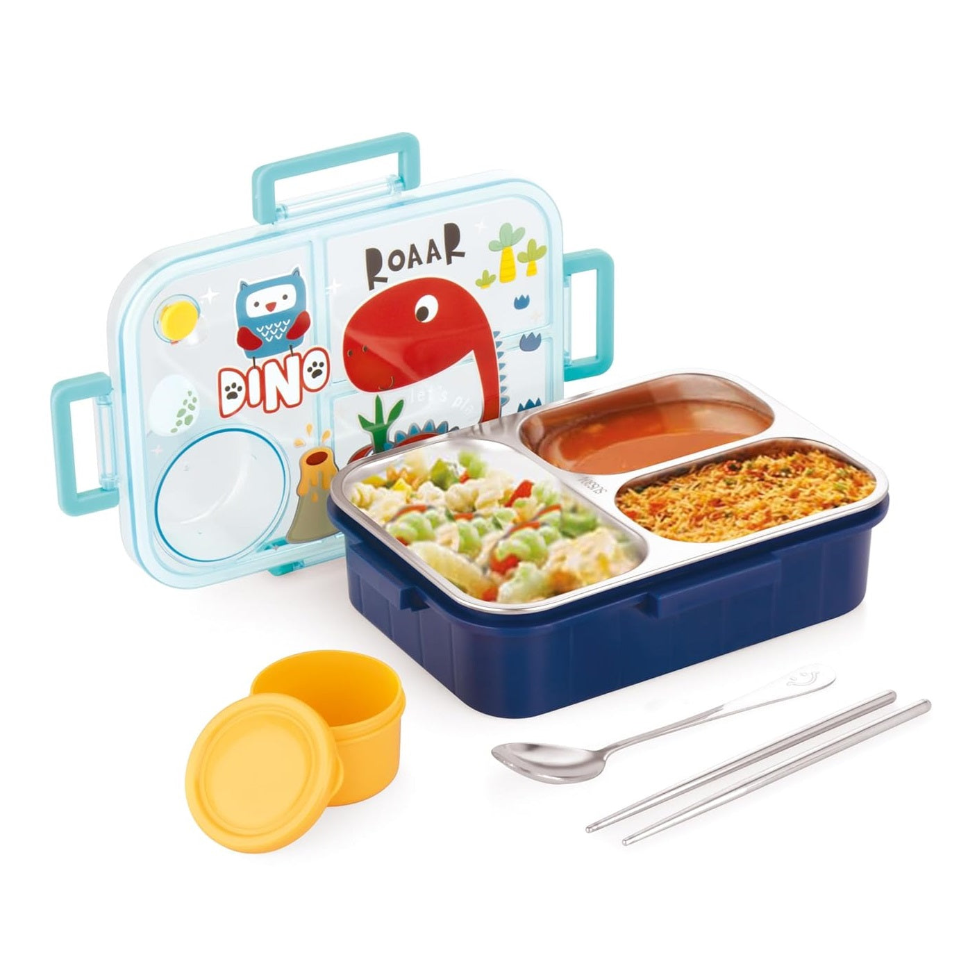 Buy MyneeMoe TiffyTales 3 Compartment Stainless Steel Bento Lunch Box With Cutlery Dinosaur - Draft at MyneeMoe Online In India