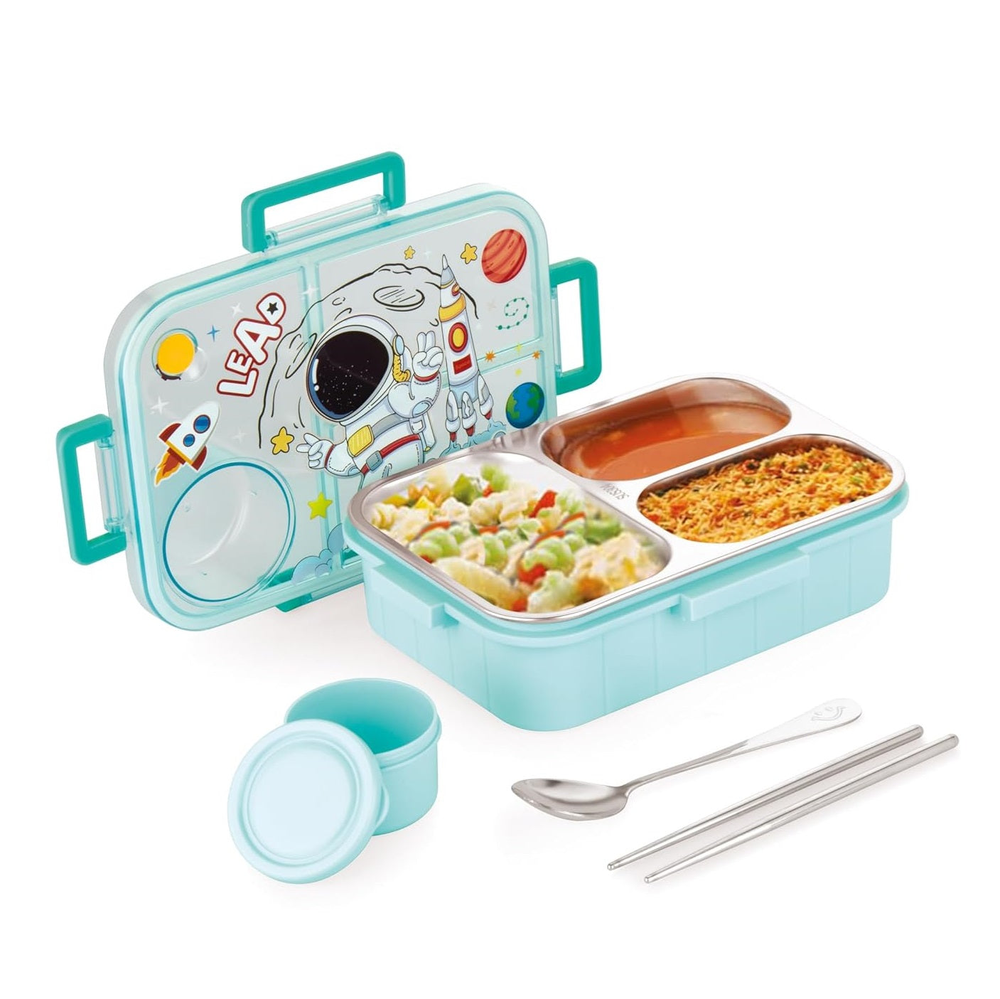 Buy MyneeMoe TiffyTales 3 Compartment Stainless Steel Bento Lunch Box With Cutlery Astronaut - Draft at MyneeMoe Online In India