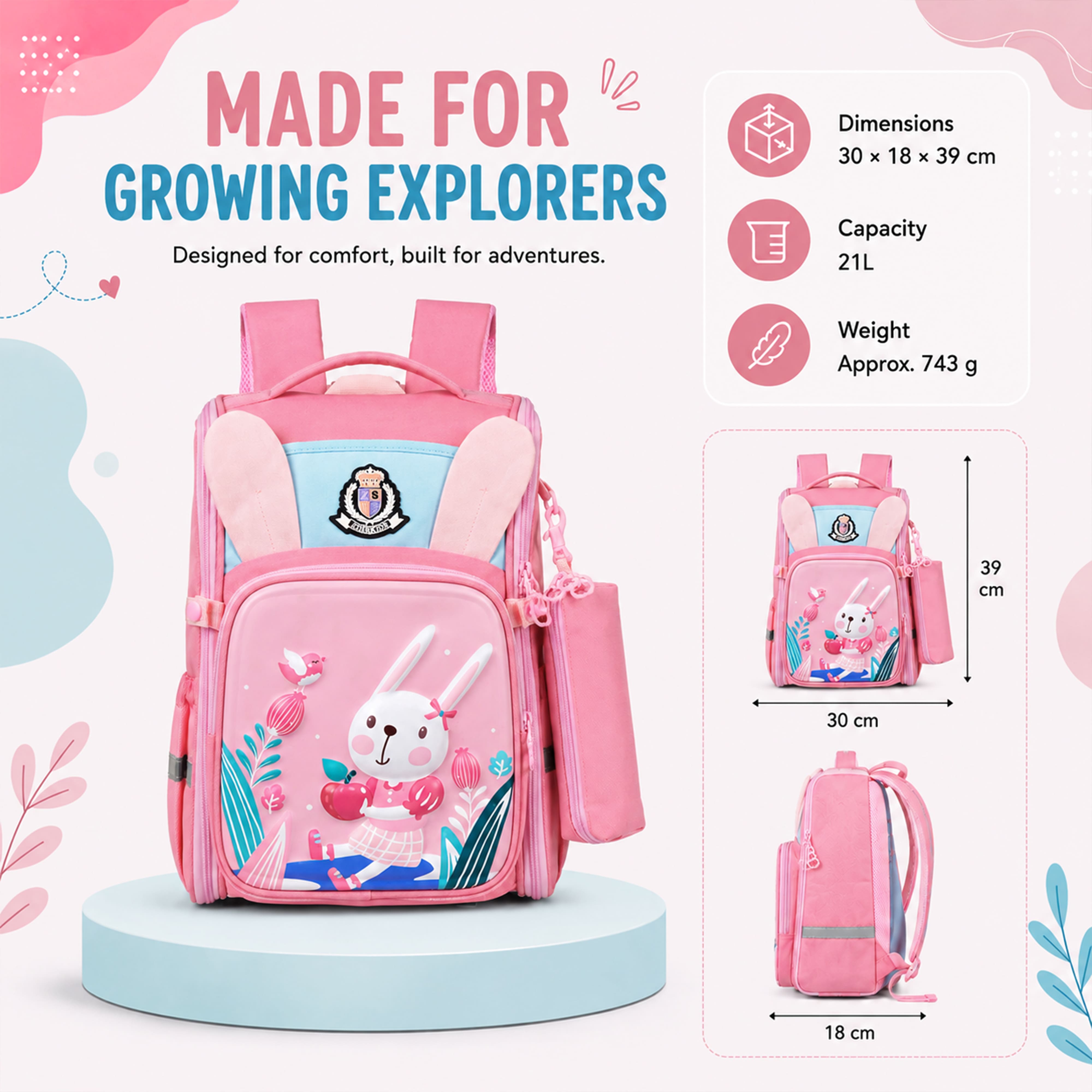 Young Minds Kids Backpack – Durable, Stylish & Spacious School Bag (Pink)