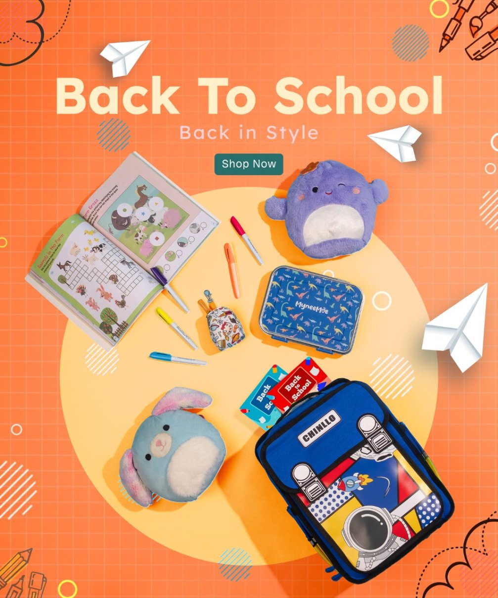 MyneeMoe Back To School Banner featuring School Bags & Lunch Box