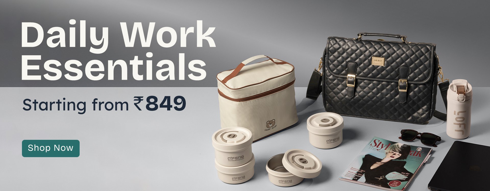 MyneeMoe Banner Image with Laptop Bags, tote bags & office lunch box with bag