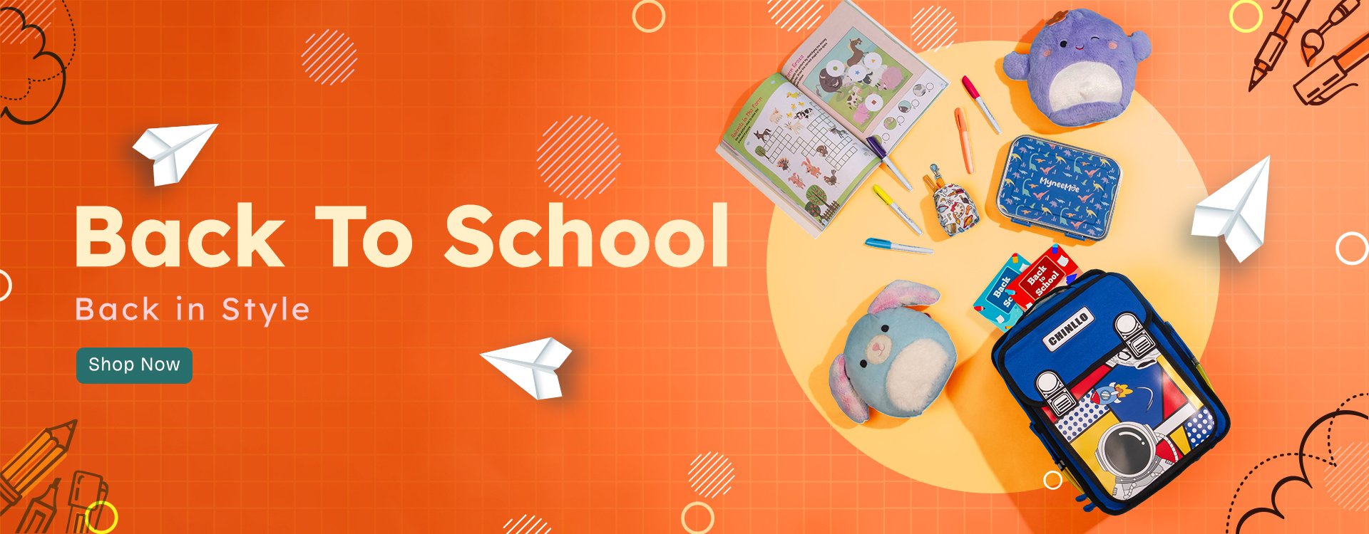 MyneeMoe Back To School Banner featuring School Bags & Lunch Box