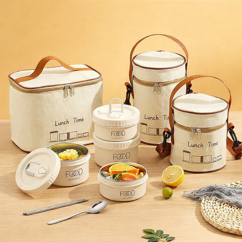 Lunch Time 4 Compartment Stainless Steel Lunch Box with Bag Microwave Safe