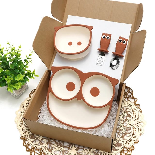 Buy MyneeMoe Cartoon Owl Suction Feeding Set - Customised Testing Brown - at MyneeMoe Online In India
