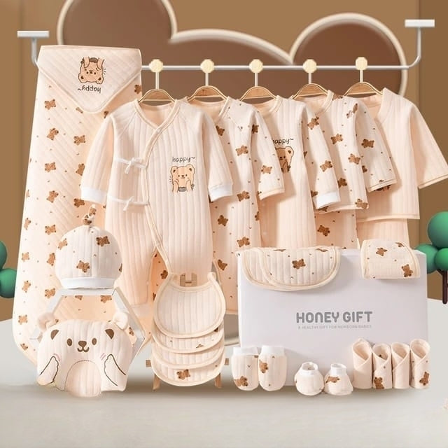 Buy MyneeMoe Happy Bear Honey Gift 26 PCs Newborn Baby Shower Gift Set โ Deluxe Baby Hamper Beige - at MyneeMoe Online In India