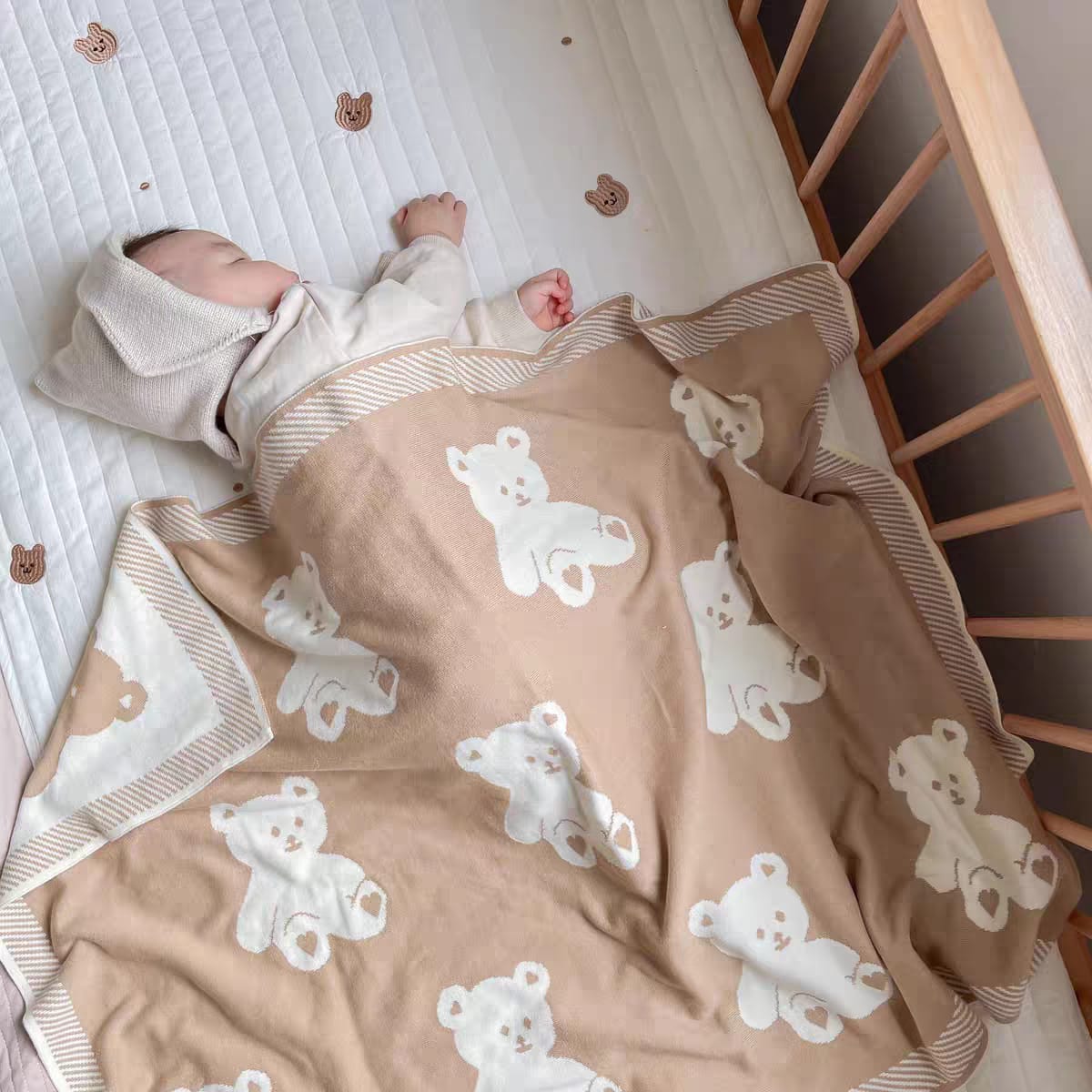 Buy MyneeMoe CozyCub Dual-Sided Knitted Baby Blanket with Cute Teddy Bear Design - Baby Blanket at MyneeMoe Online In India
