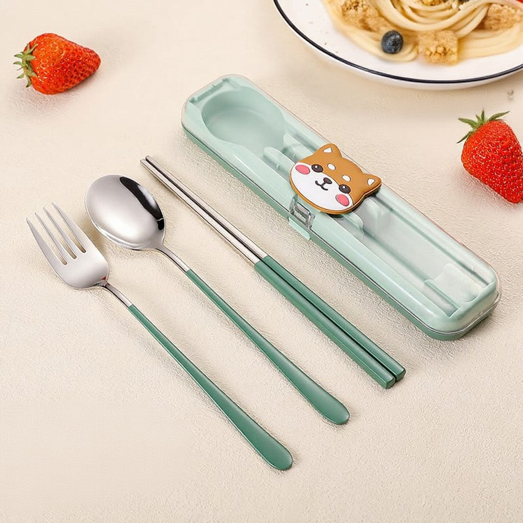 Buy MyneeMoe Chibi Bites Travel Cutlery Set – Spoon, Fork & Chopsticks in Cute Lock Box Dusty Green - Cutlery Set at MyneeMoe Online In India