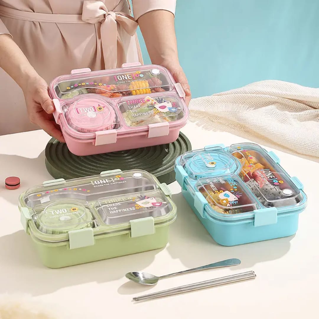 Buy MyneeMoe SmartMeal 3 Compartment Stainless Steel Bento Box – Durable, Portable & Dibbie Included - Lunch Box at MyneeMoe Online In India