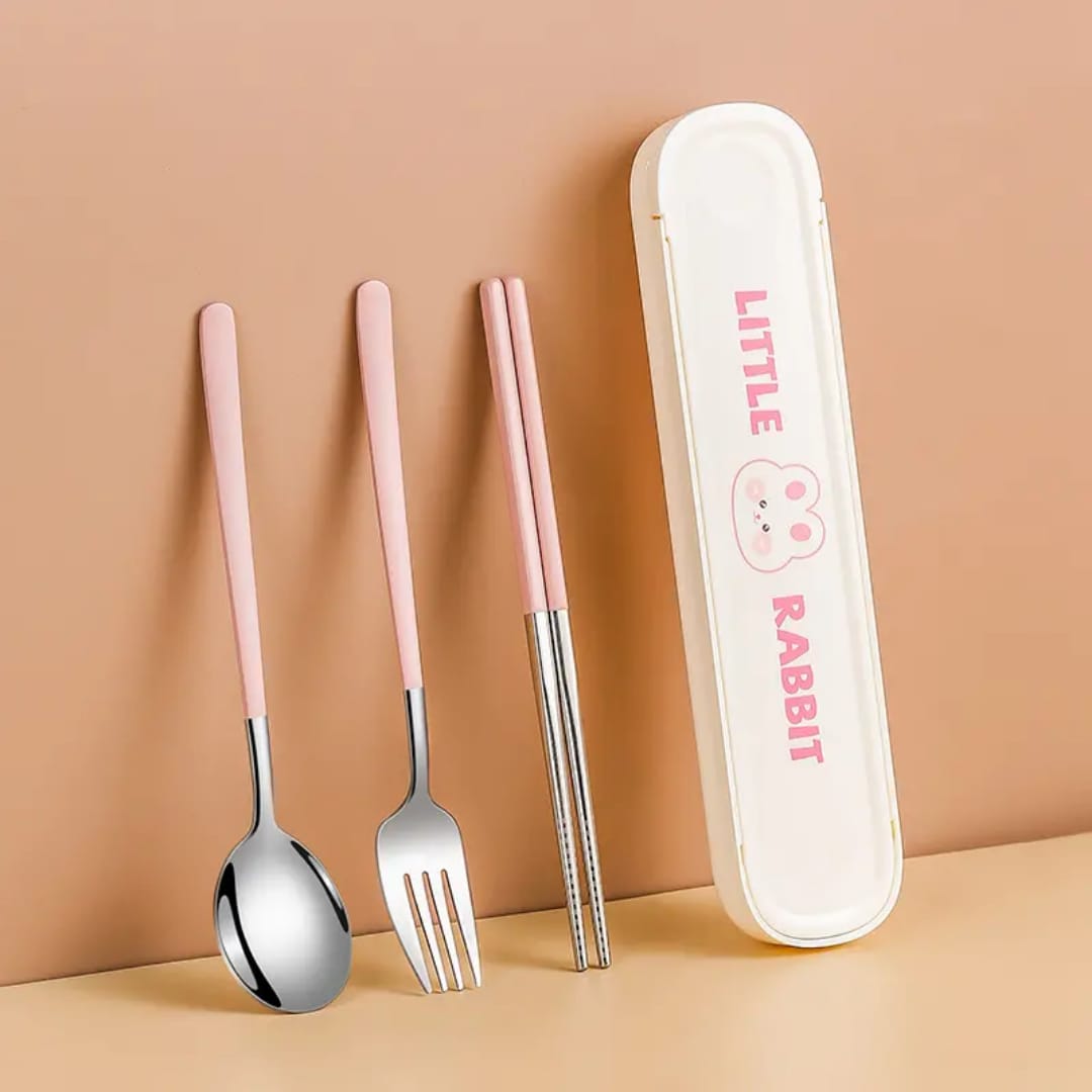 Buy MyneeMoe Classic Stainless Steel Cutlery Set - Spoon, Fork & Chopsticks for Daily Meals Off White & Pink - Cutlery Set at MyneeMoe Online In India