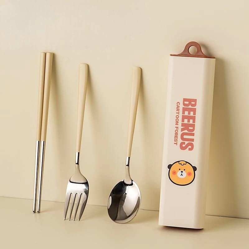 Buy MyneeMoe BEERUS Cartoon Forest 3-Piece Cutlery Set – Spoon, Fork & Chopsticks with Cute Case Bear Beige - Cutlery Set at MyneeMoe Online In India