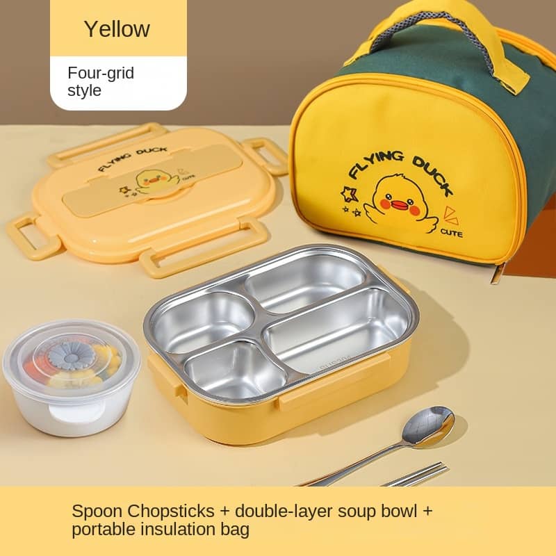 Buy MyneeMoe Flying Duck 4 Compartment Stainless Steel Kids Lunch Box with Insulated Bag Yellow - Kids Lunch Box at MyneeMoe Online In India