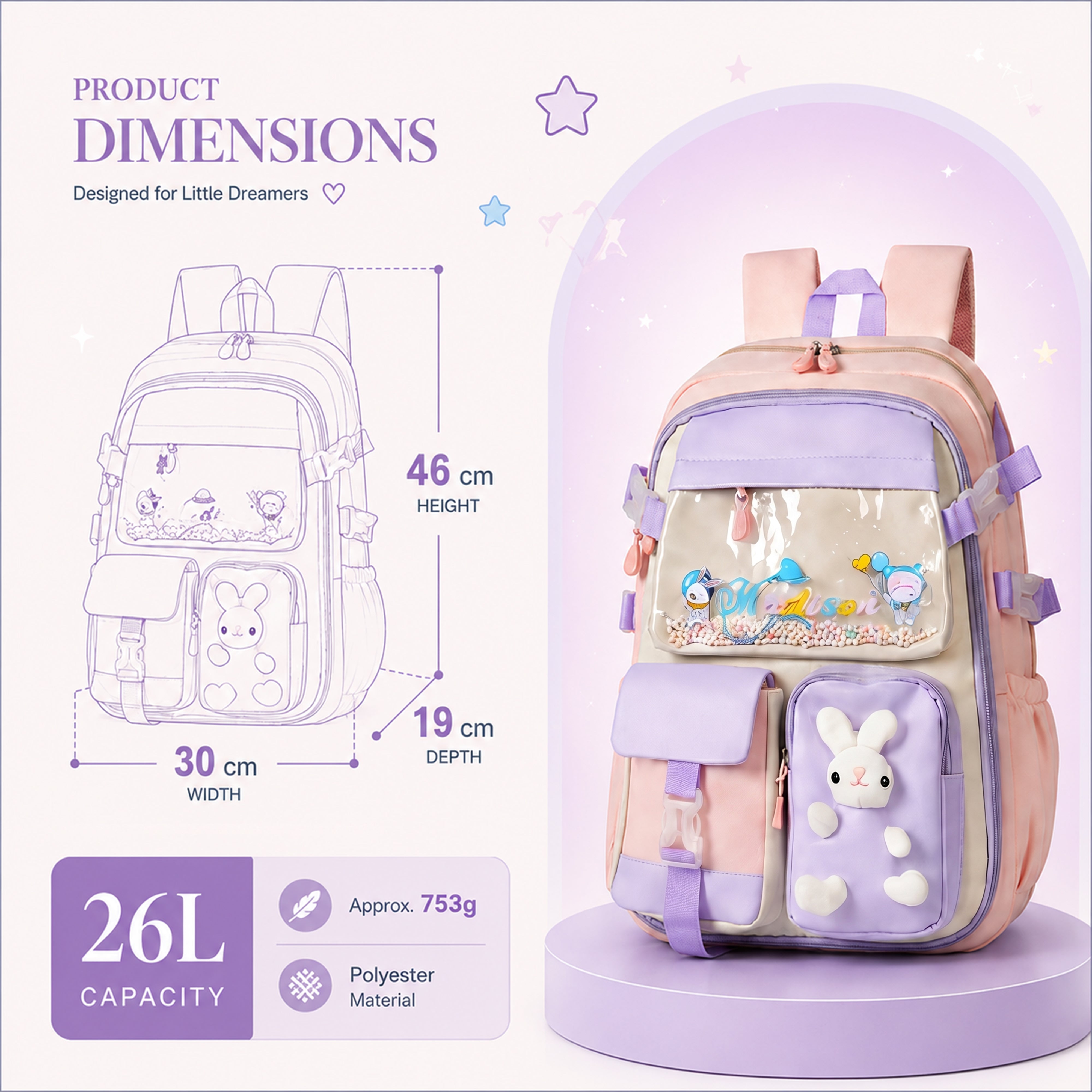 Buy MyneeMoe Soft Pastel Bunny Girls Backpack – Durable, Stylish & Spacious School Bag (Pink) - School Bag at MyneeMoe Online In India