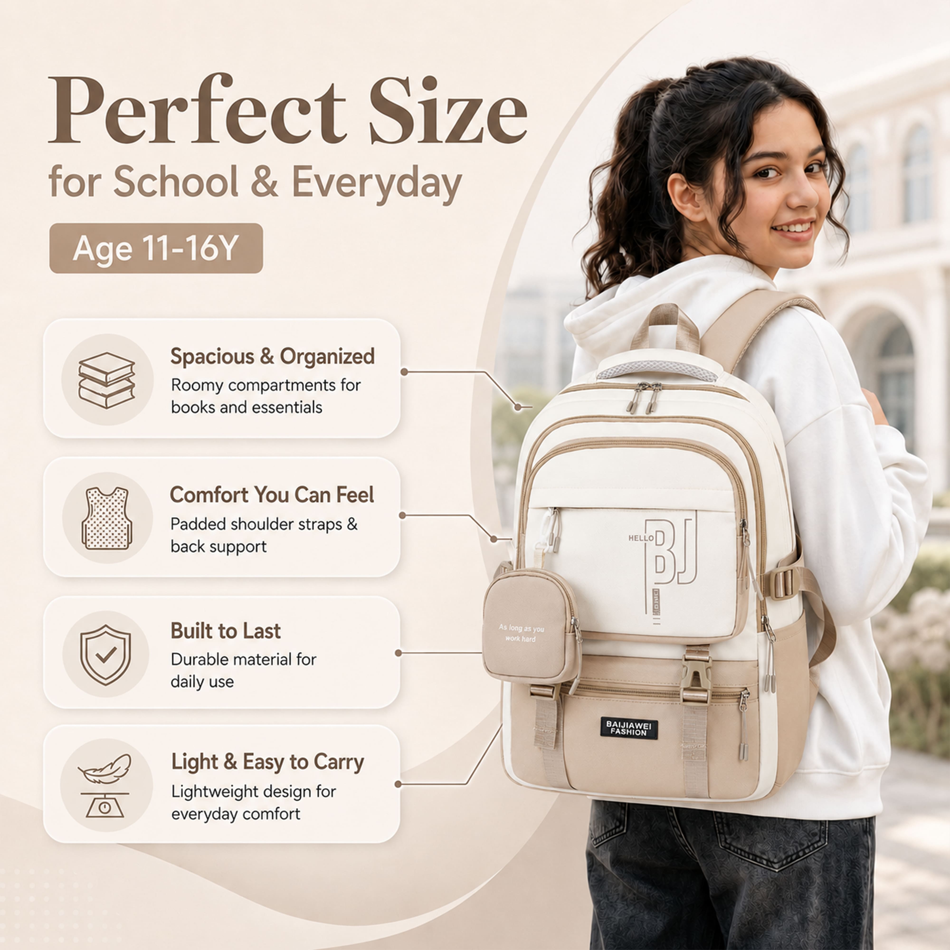 Buy MyneeMoe CampusPro Kids Backpack – Durable, Stylish & Spacious School Bag (Beige) - at MyneeMoe Online In India