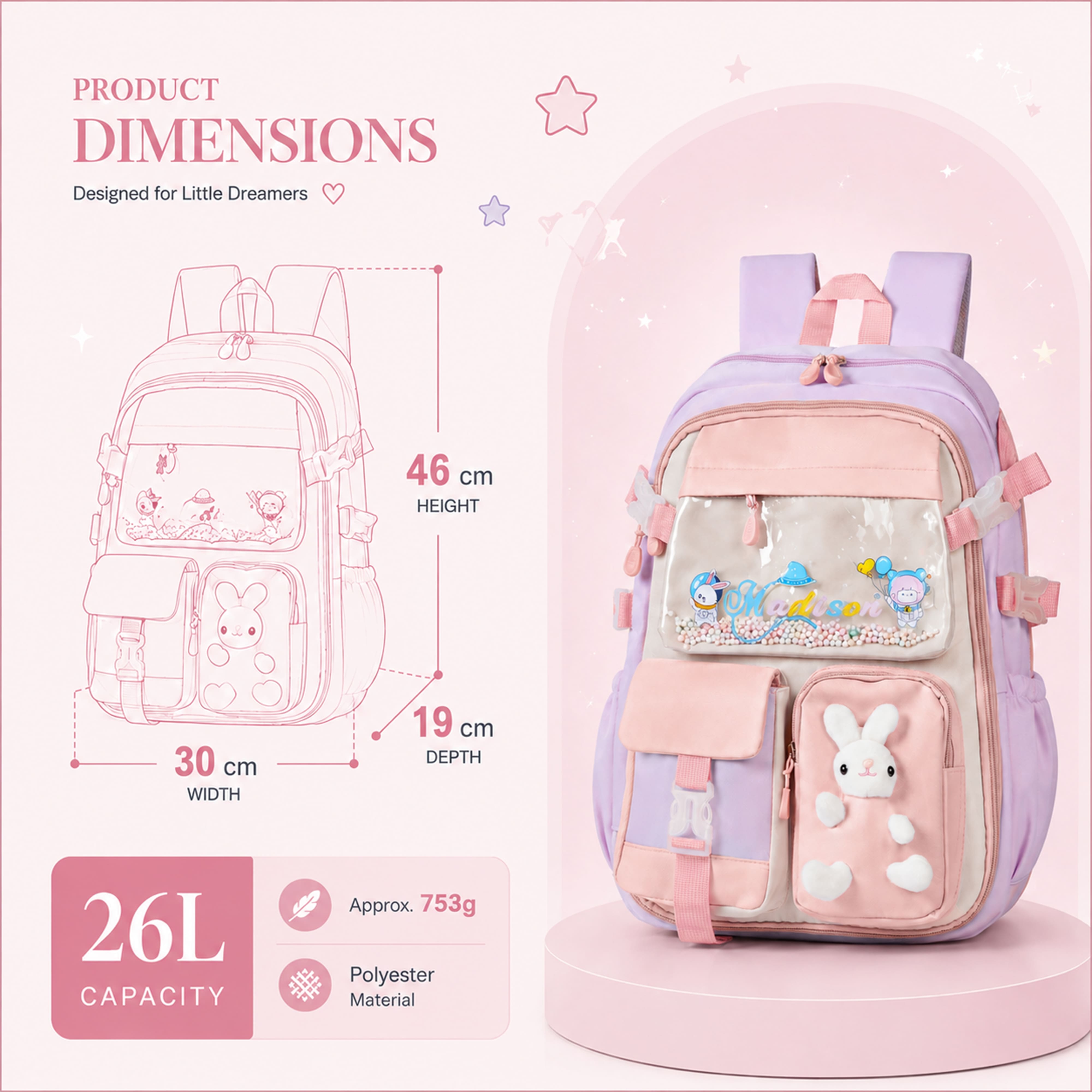 Buy MyneeMoe Soft Pastel Bunny Girls Backpack – Durable, Stylish & Spacious School Bag (Purple) - School Bag at MyneeMoe Online In India