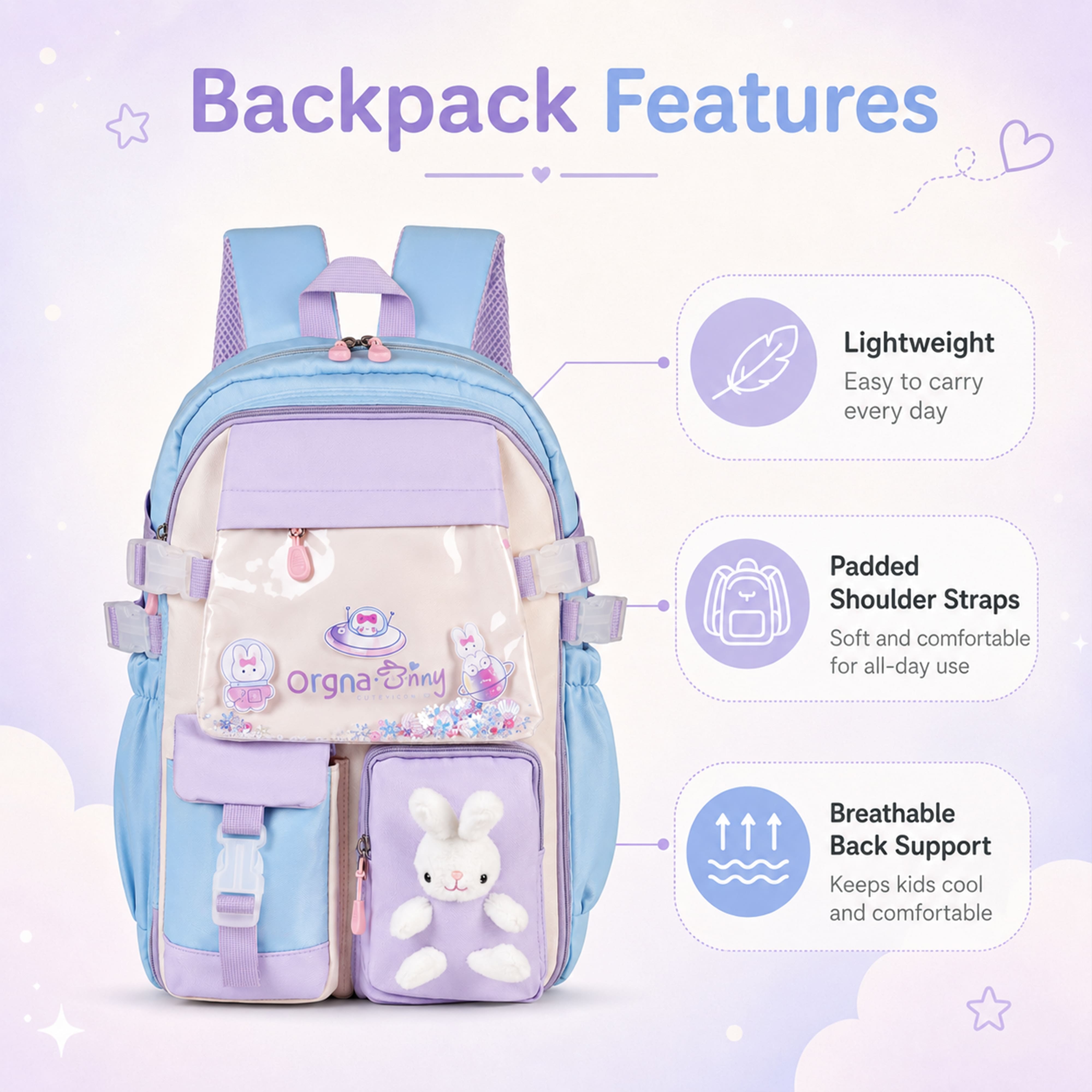 Buy MyneeMoe Soft Pastel Bunny Girls Backpack – Durable, Stylish & Spacious School Bag (Age 7-11Y) - School Bag at MyneeMoe Online In India