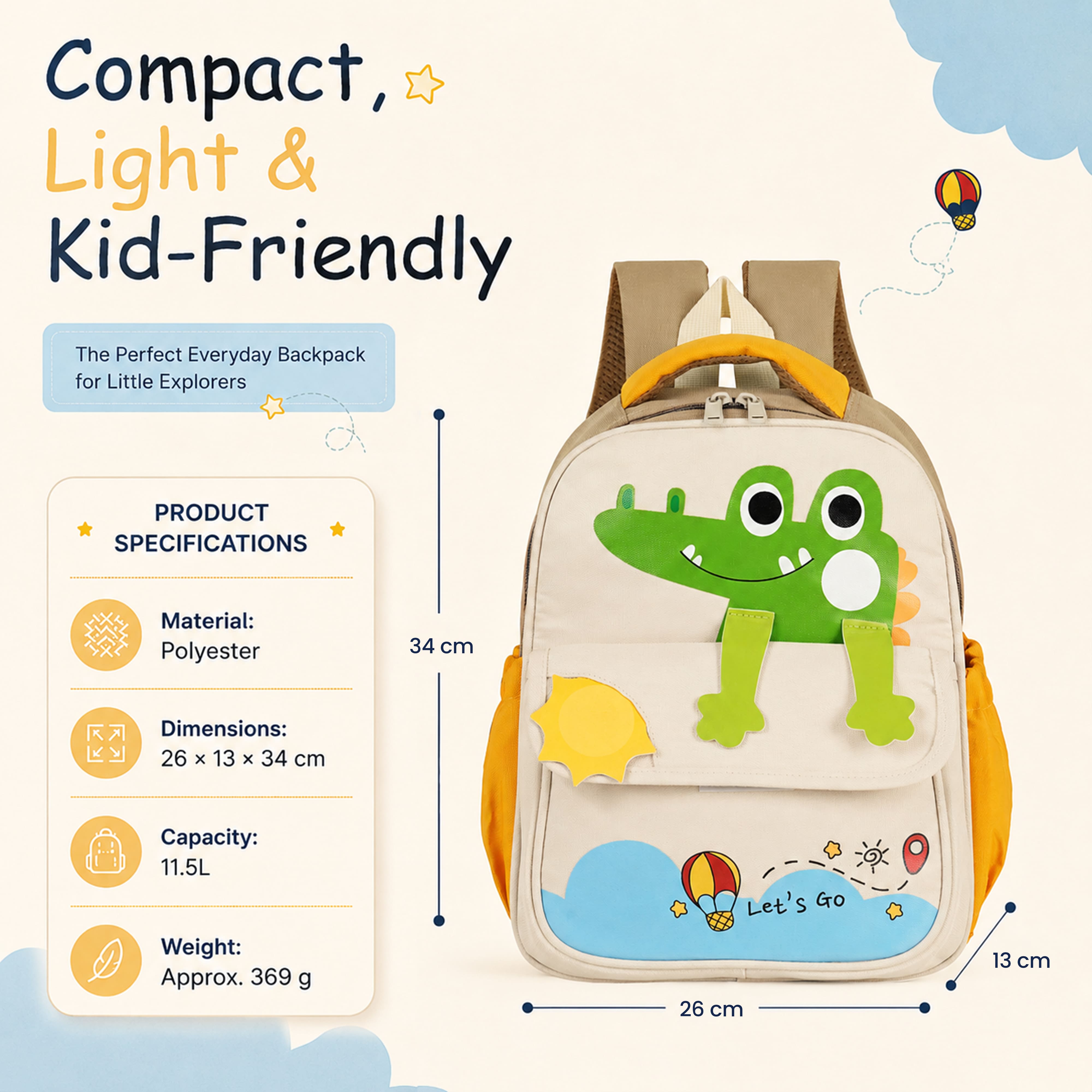 Buy MyneeMoe Cute Crocodile Kids Backpack – Lightweight & Comfortable Kindergarten Bag (Khaki) - School Bag at MyneeMoe Online In India