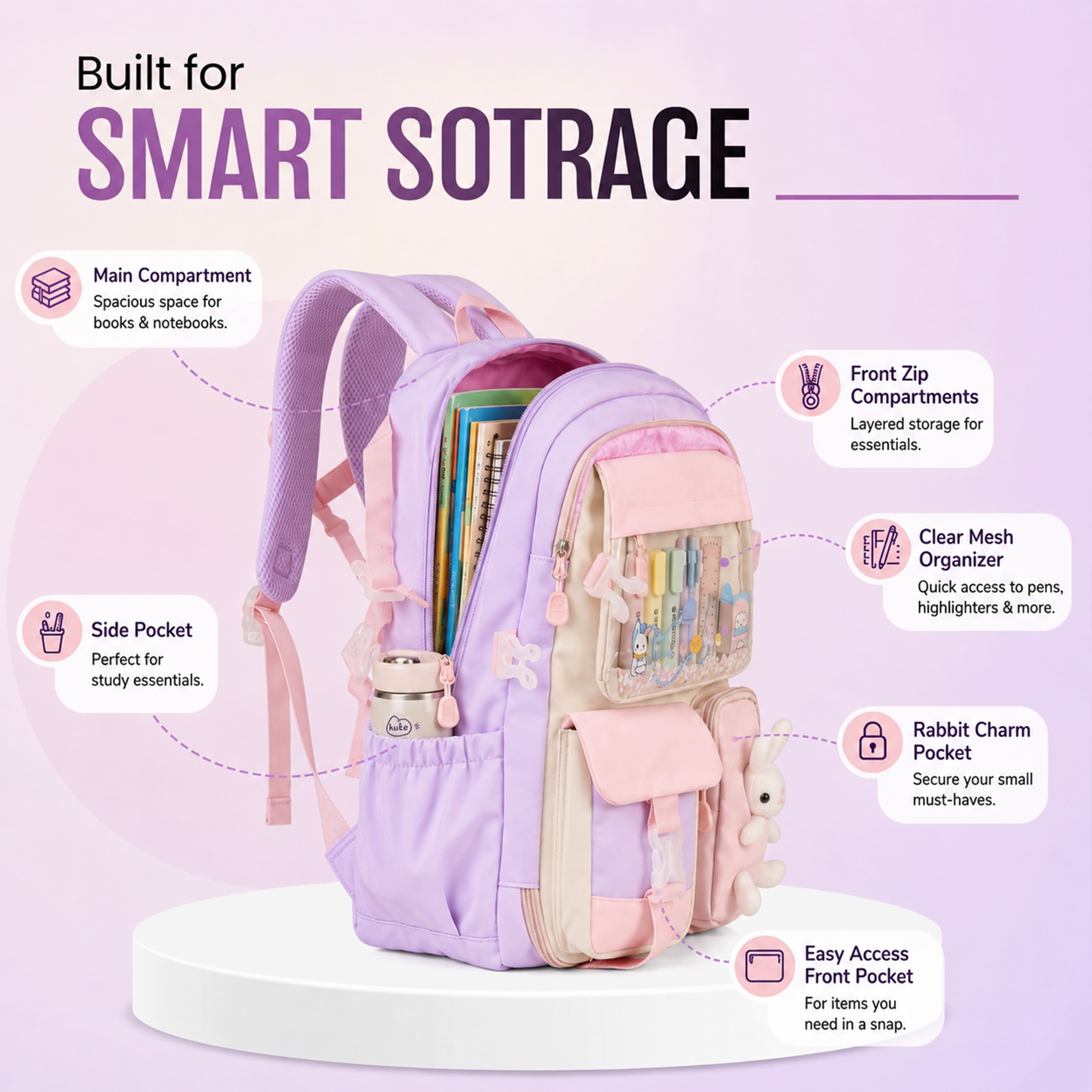Buy MyneeMoe Soft Pastel Bunny Girls Backpack – Durable, Stylish & Spacious School Bag (Purple) - School Bag at MyneeMoe Online In India