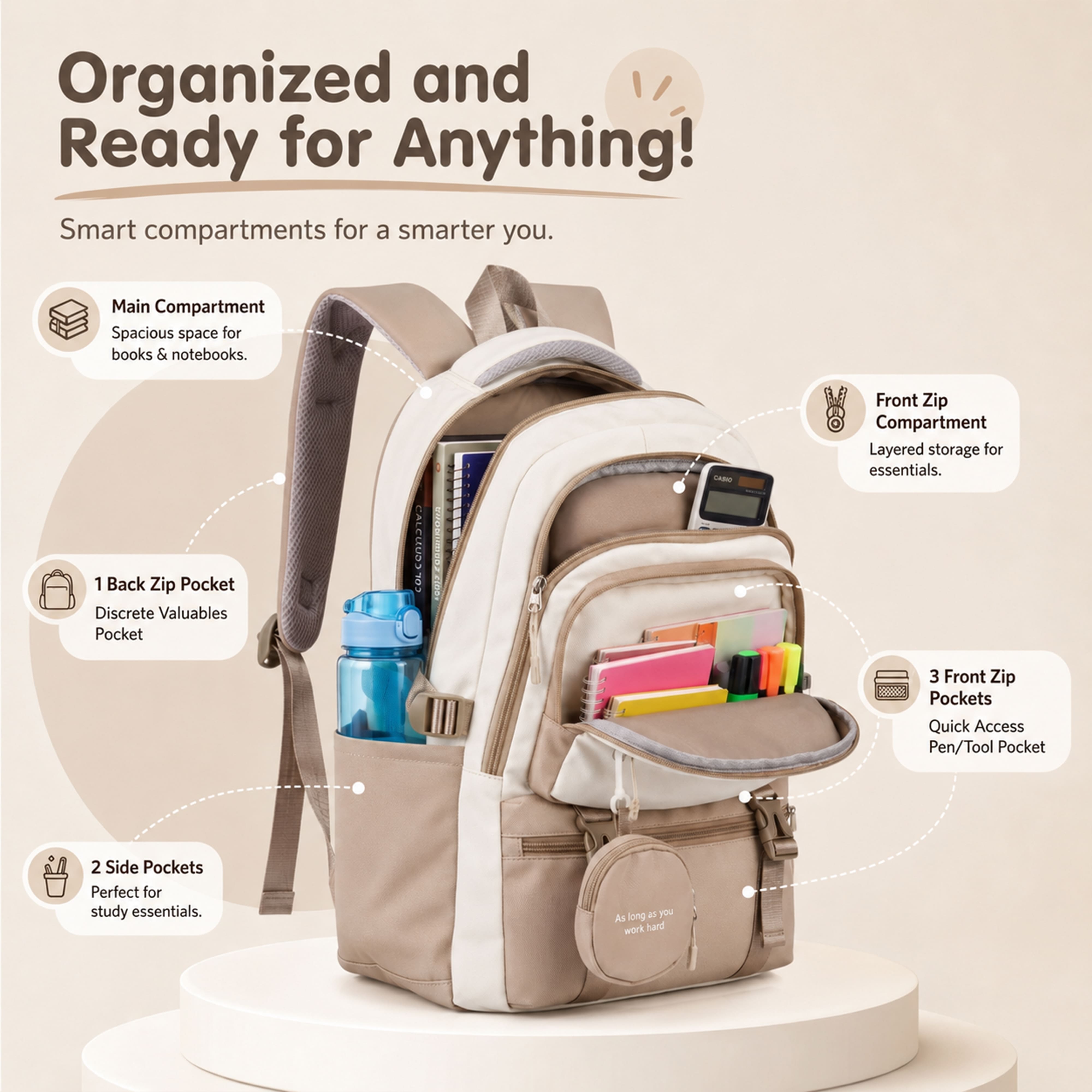 Buy MyneeMoe CampusPro Kids Backpack – Durable, Stylish & Spacious School Bag (Beige) - at MyneeMoe Online In India