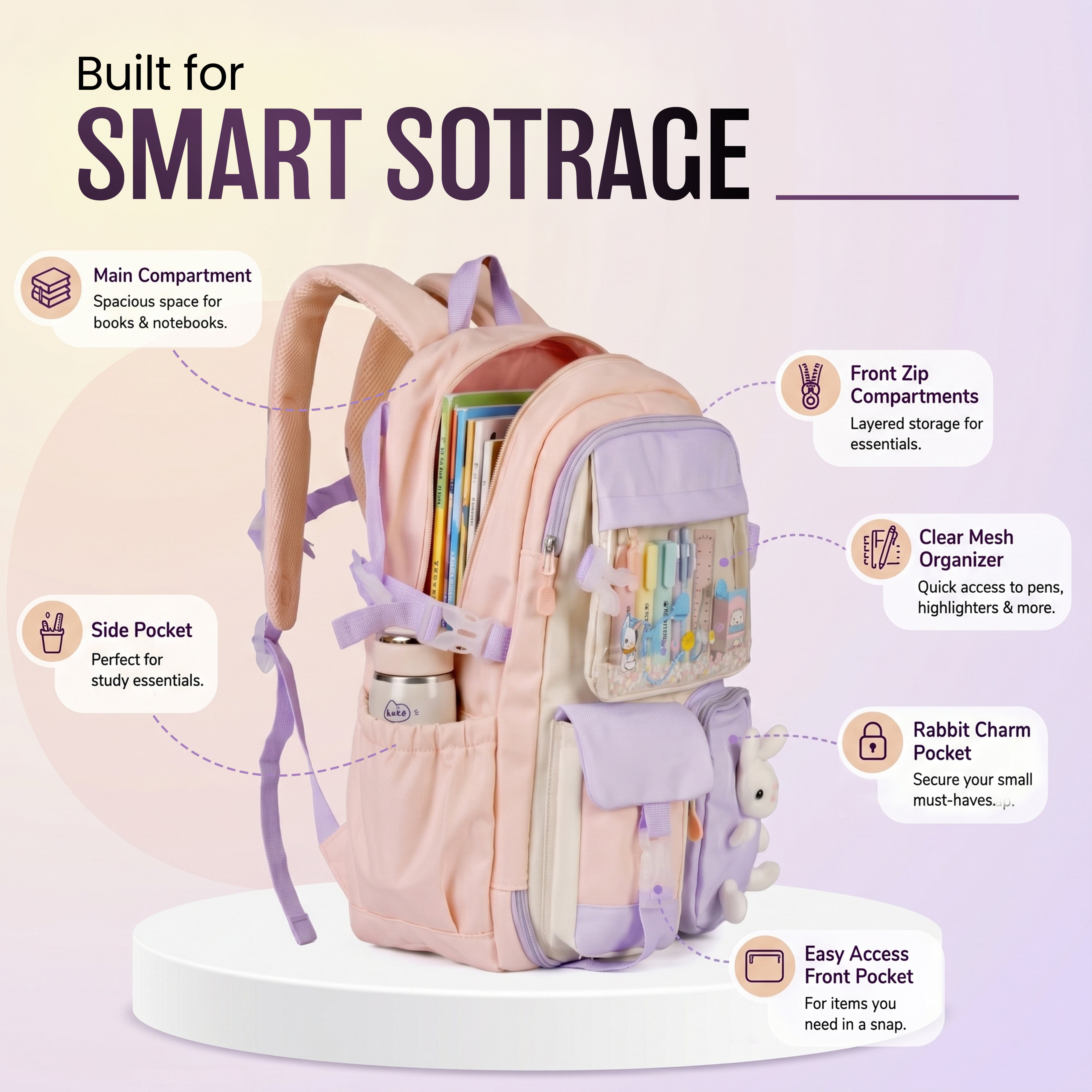 Buy MyneeMoe Soft Pastel Bunny Girls Backpack – Durable, Stylish & Spacious School Bag (Pink) - School Bag at MyneeMoe Online In India