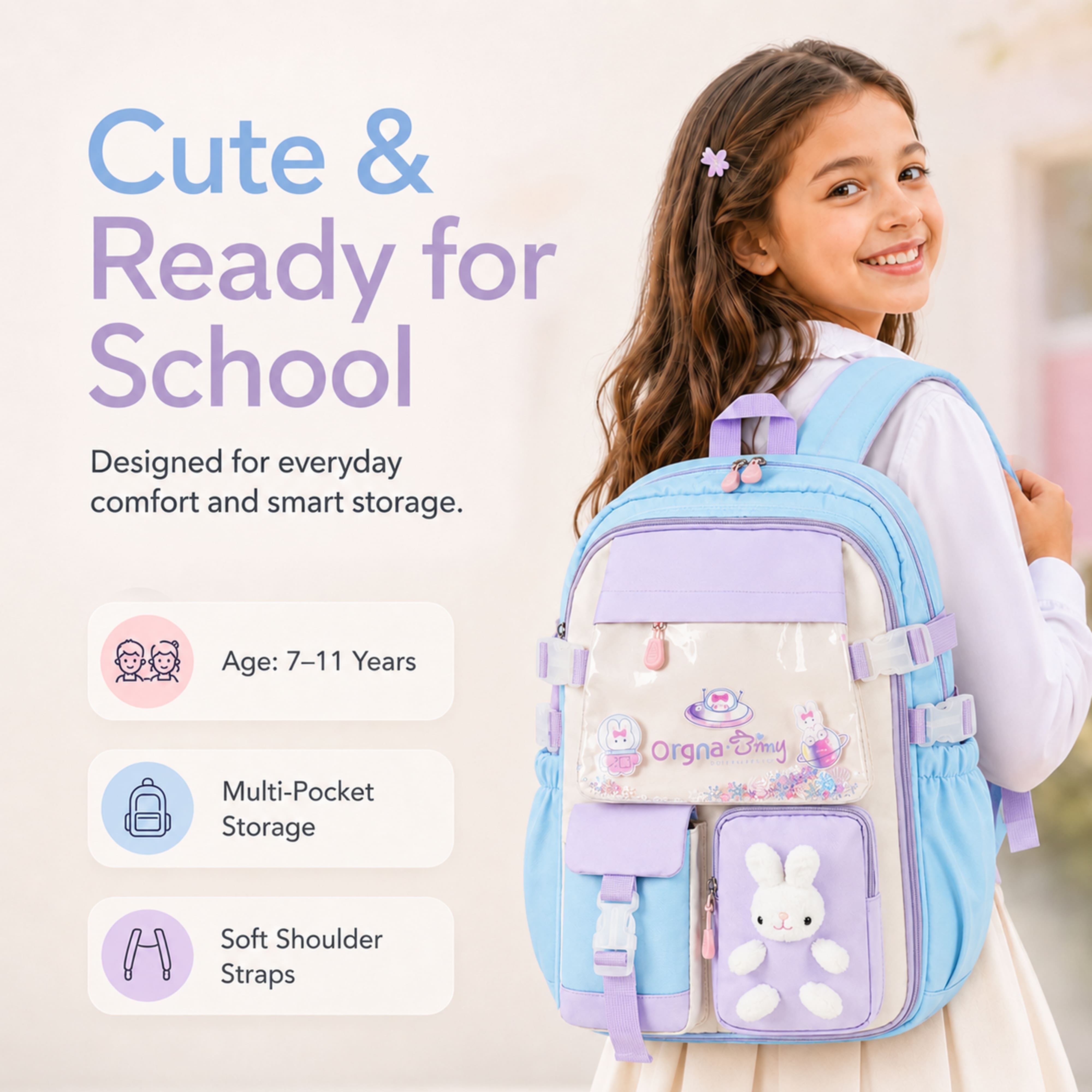 Buy MyneeMoe Soft Pastel Bunny Girls Backpack – Durable, Stylish & Spacious School Bag (Age 7-11Y) - School Bag at MyneeMoe Online In India