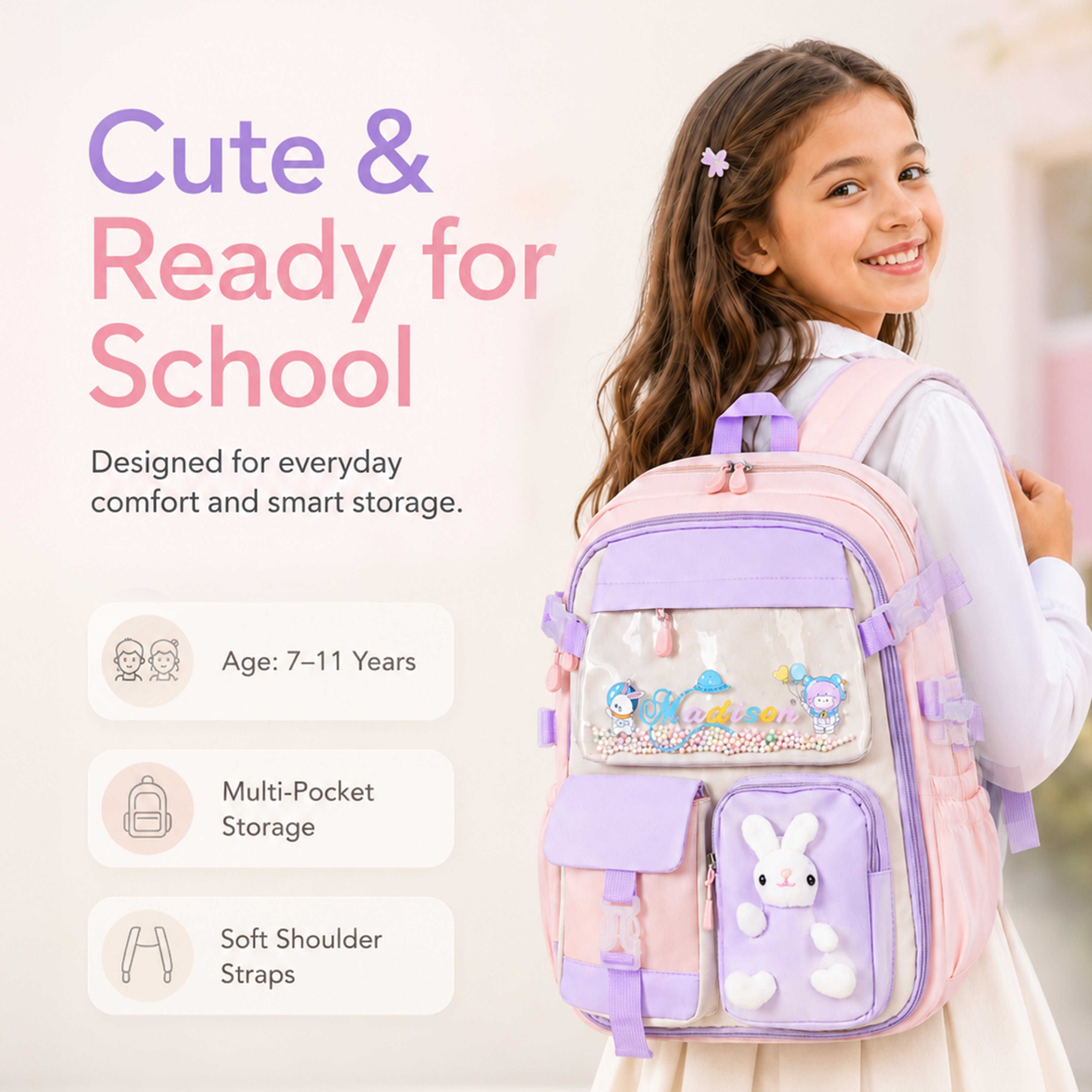 Buy MyneeMoe Soft Pastel Bunny Girls Backpack – Durable, Stylish & Spacious School Bag (Pink) - School Bag at MyneeMoe Online In India