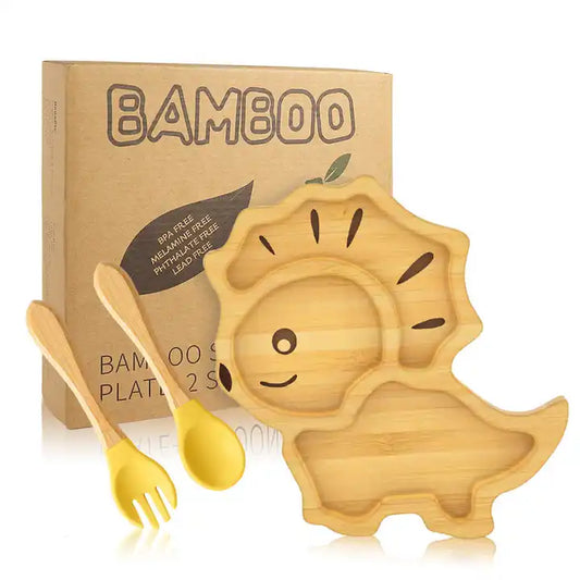 Buy Leo Bamboo Suction Plate + Cutlery Yellow at Myneemoe Online In India