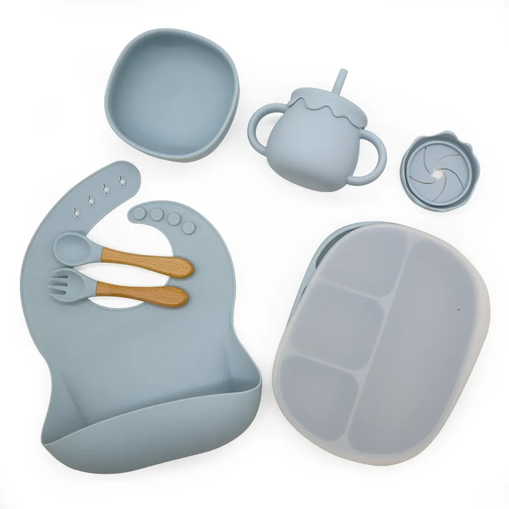 Buy Ultimate Silicone Suction Feeding Set – Mess-Free & Safe Essentials for Babies Dusty Blue at Myneemoe Online In India