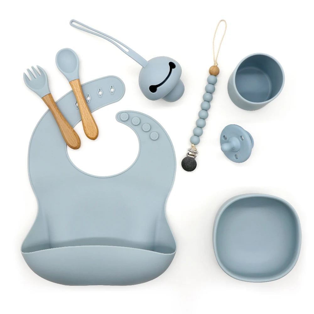 Buy Silicone Suction Feeding Set with Pacifier Dusty Blue at Myneemoe Online In India