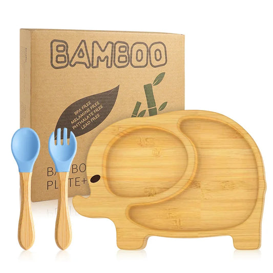 Buy ELLIE Bamboo Suction Plate + Cutlery Blue at Myneemoe Online In India