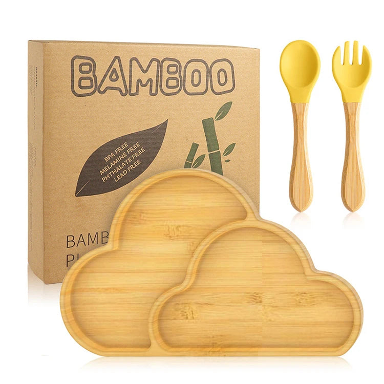 Buy Cloudball Bamboo Suction Plate & Cutlery Set – Safe, Sustainable Baby Essentials Yellow at Myneemoe Online In India