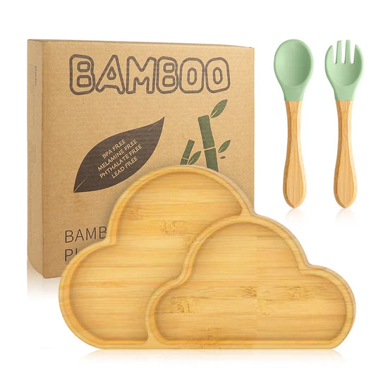 Buy COTTONBALL Bamboo Suction Plate + Cutlery Green at Myneemoe Online In India