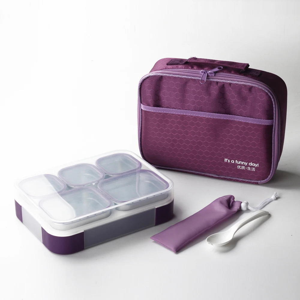 Buy Meal Station 5 Compartment Stainless Steel Bento Lunch Box with Bag Purple at Myneemoe Online In India