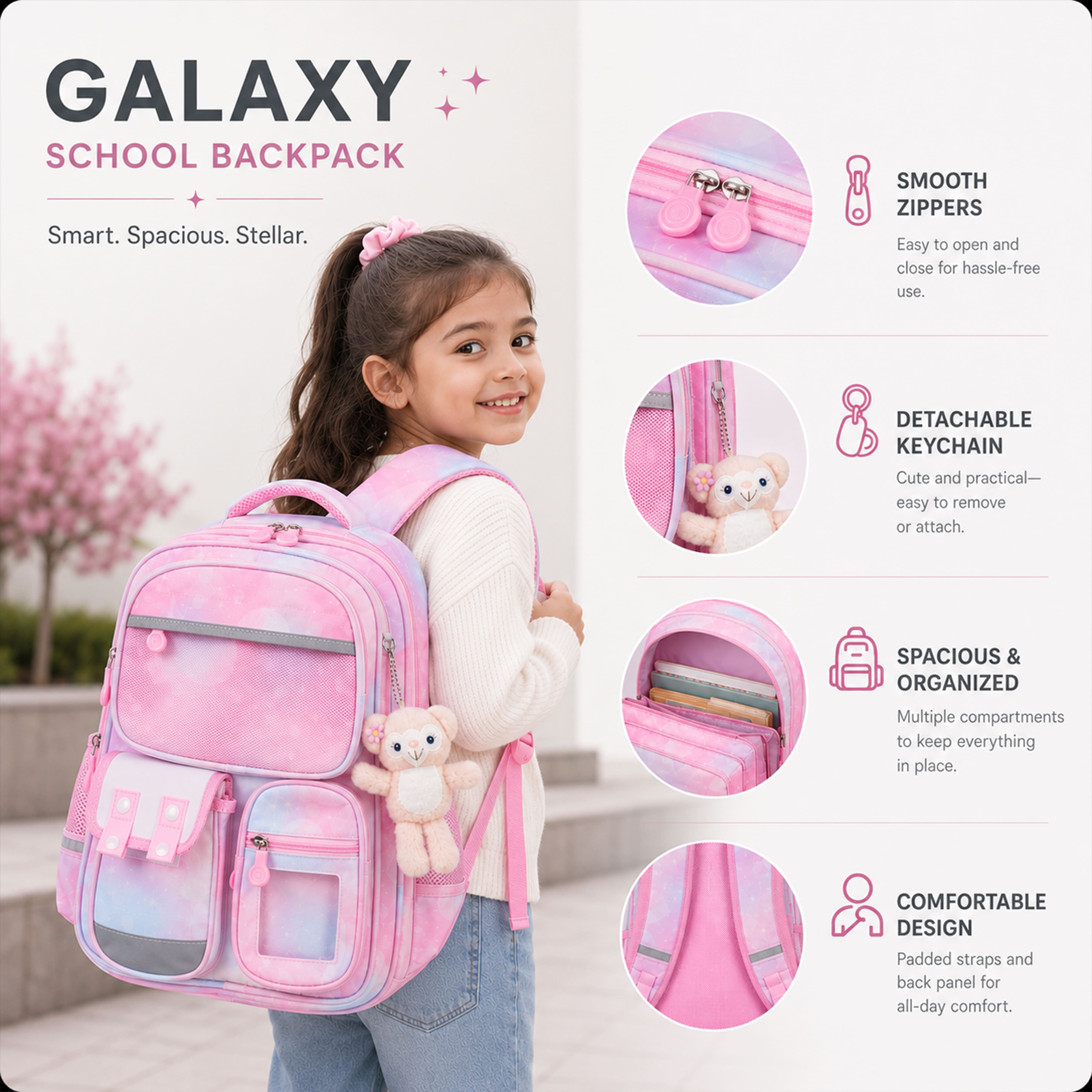 Brainy Bundle Galaxy Kids Backpack – Durable, Stylish & Spacious School Bag (Pink)