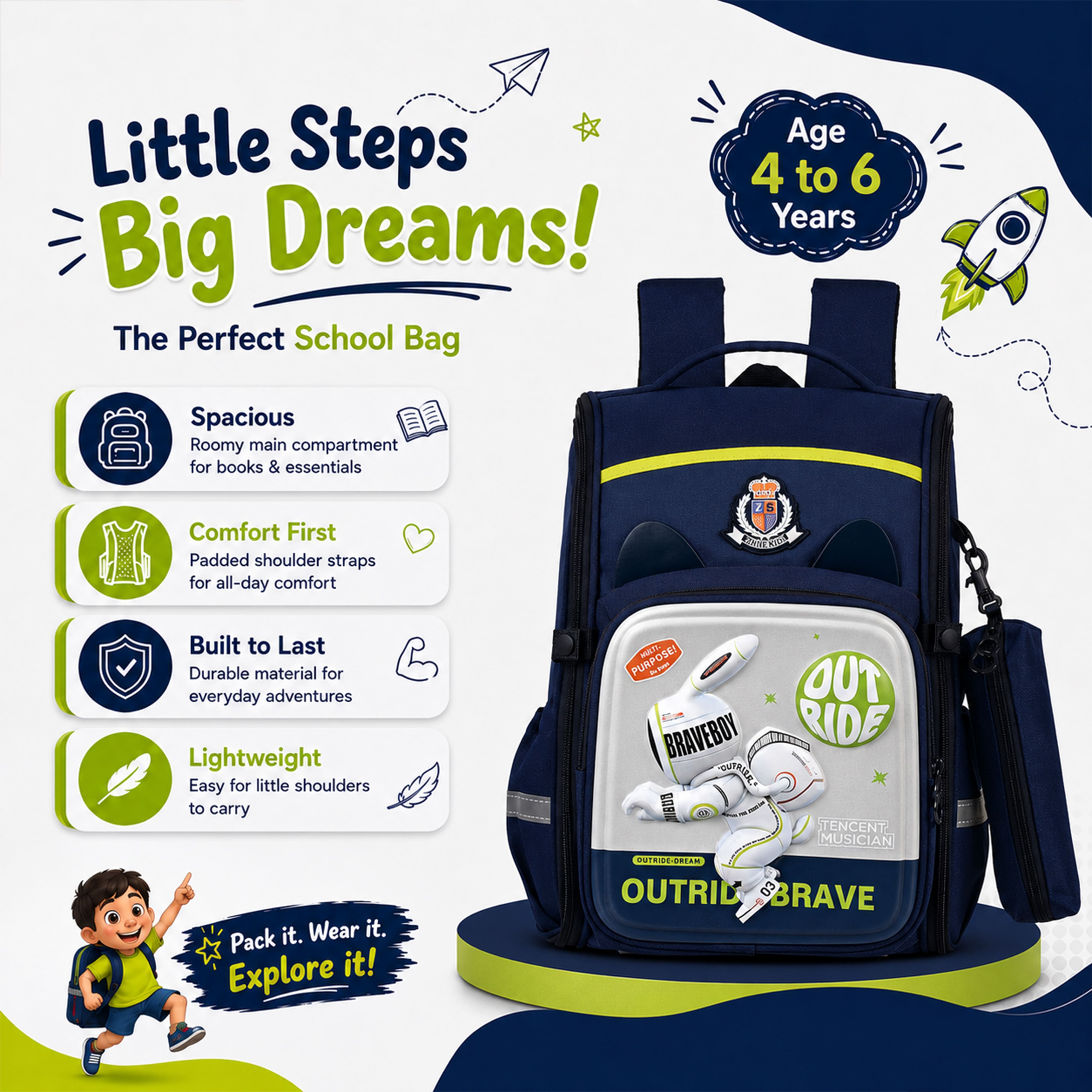 Young Minds Kids Backpack – Durable, Stylish & Spacious School Bag (Blue)