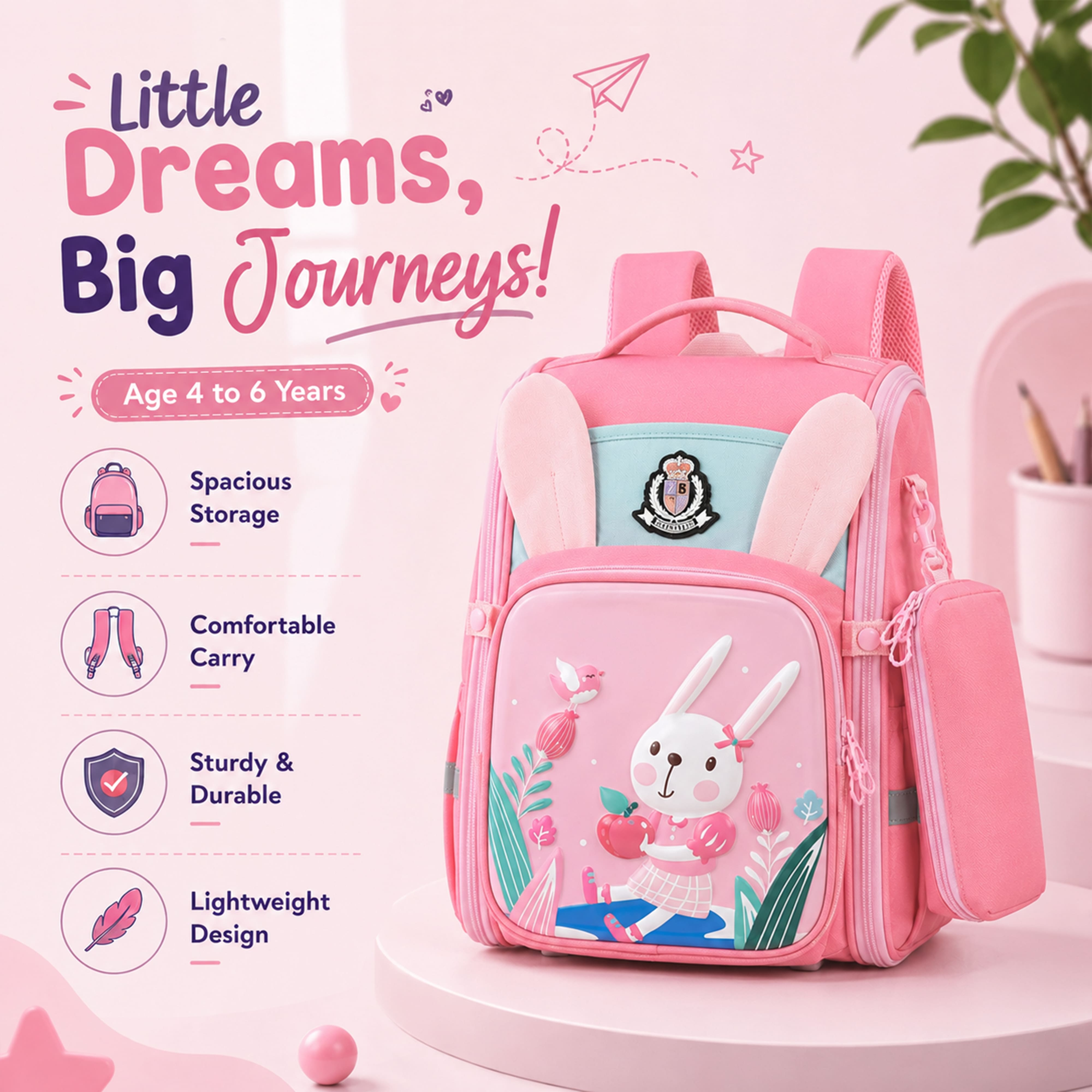 Young Minds Kids Backpack – Durable, Stylish & Spacious School Bag (Pink)