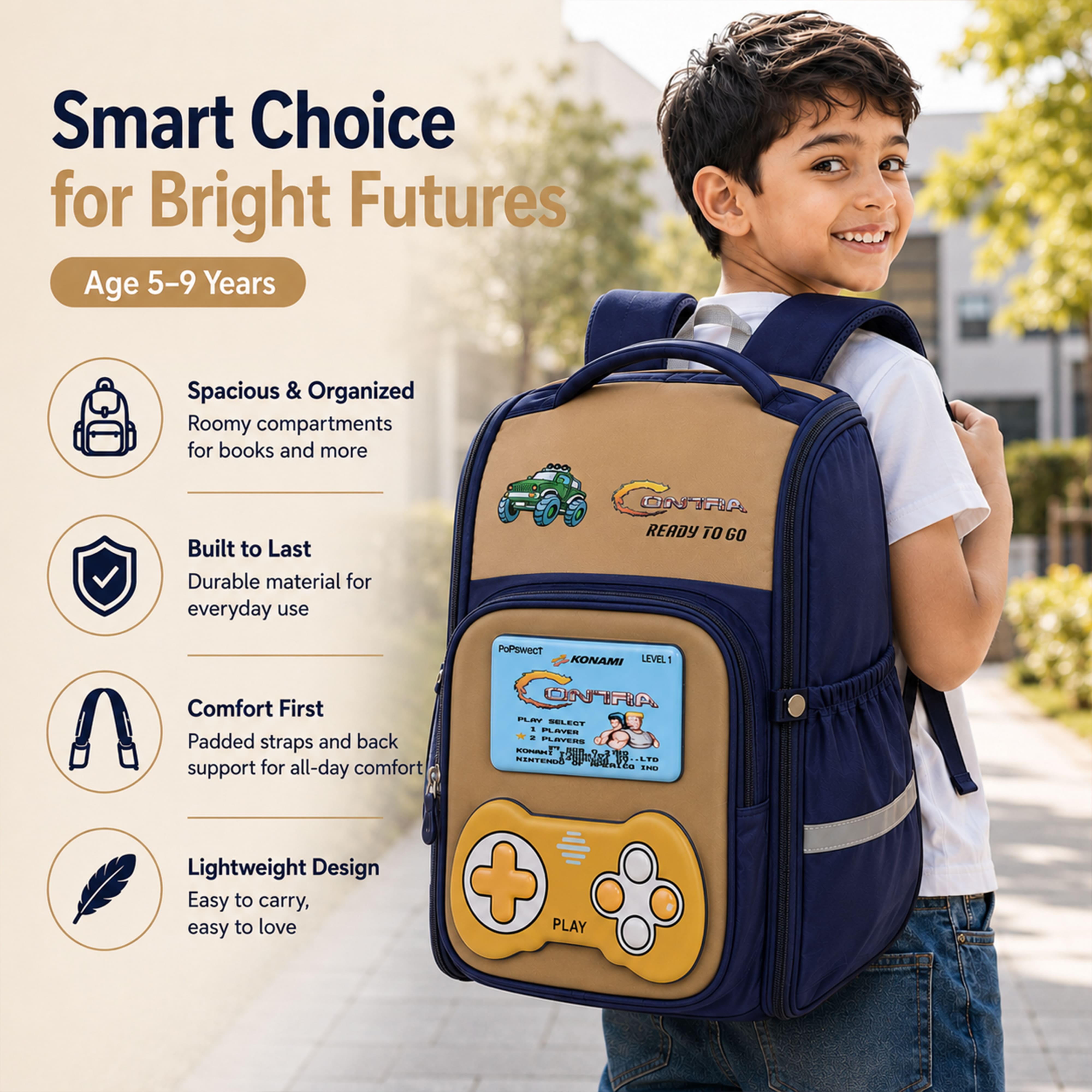 Play Box Kids School Backpack – Durable, Stylish & Spacious School Bag (Blue & Brown)